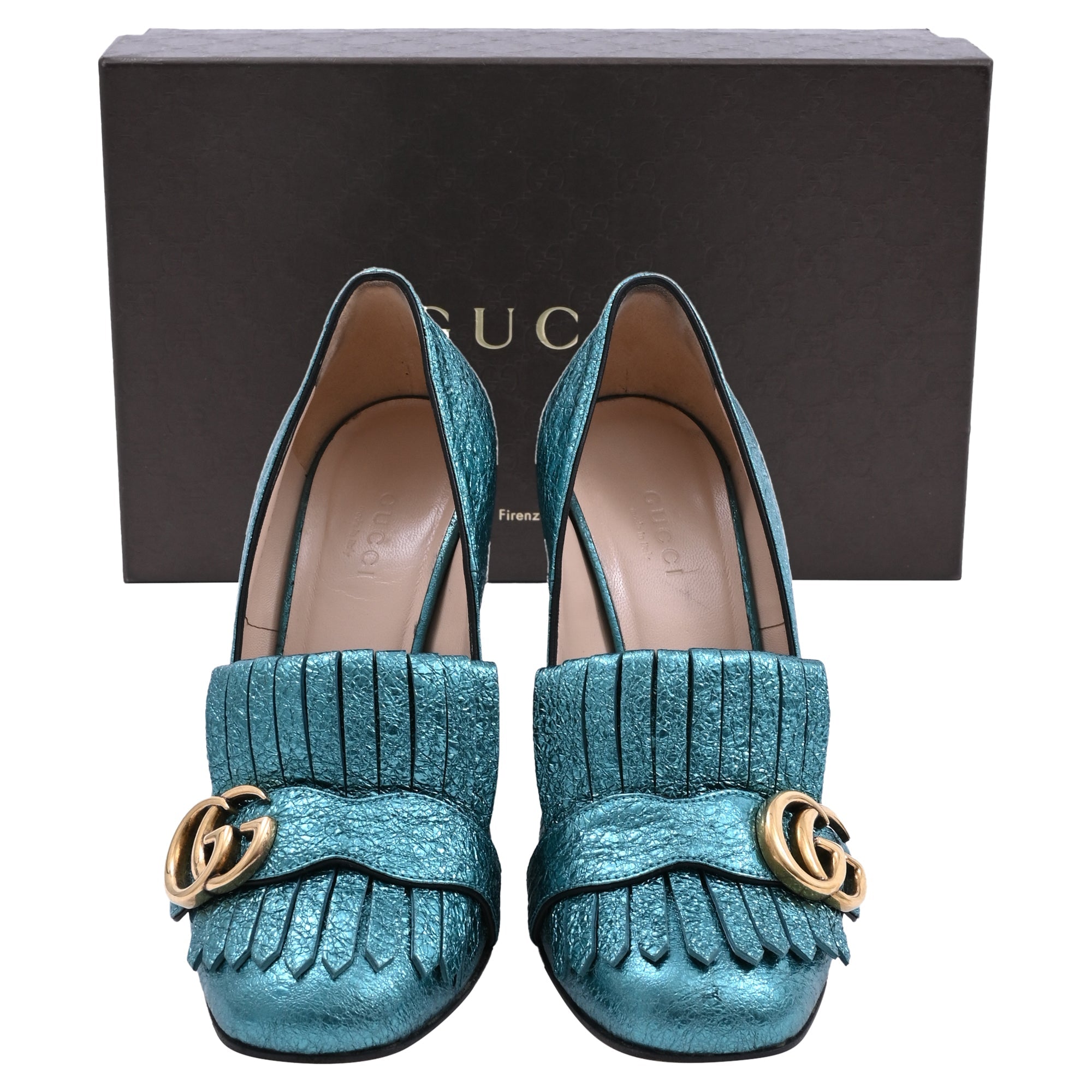 Women's Gucci Mimosa Marmont Heel Loafers in Turquoise Textured Leather