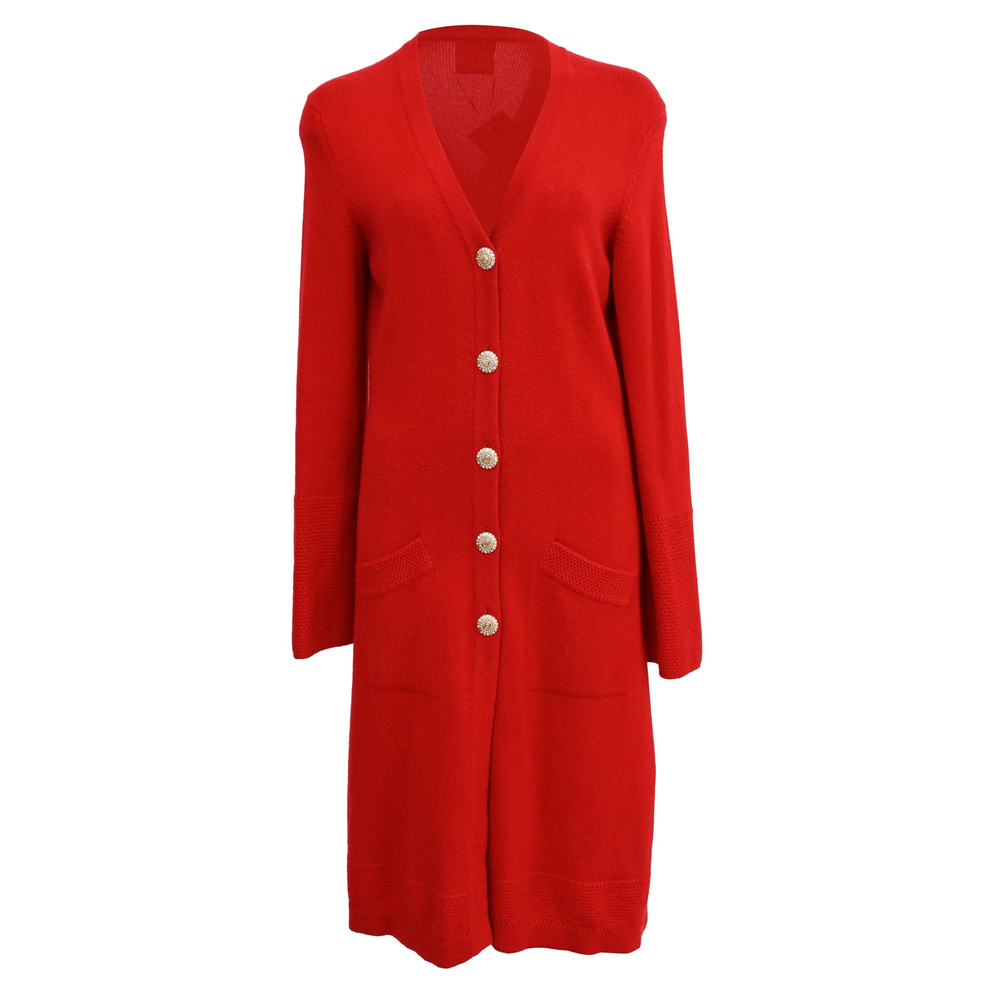 Women's Chanel Button-Down Knitted Long Cardigan in Red Cashmere