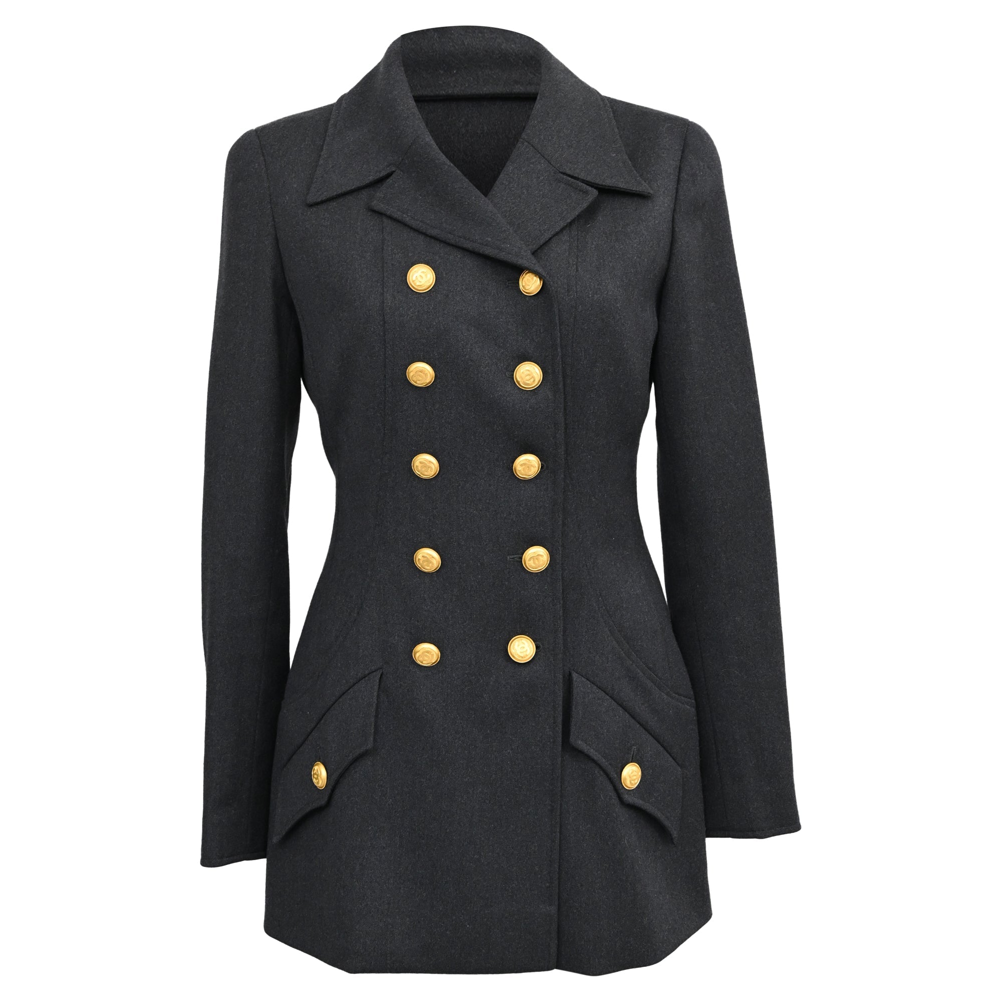 Women's Chanel Boutique Double-Breasted Peacoat in Black Wool