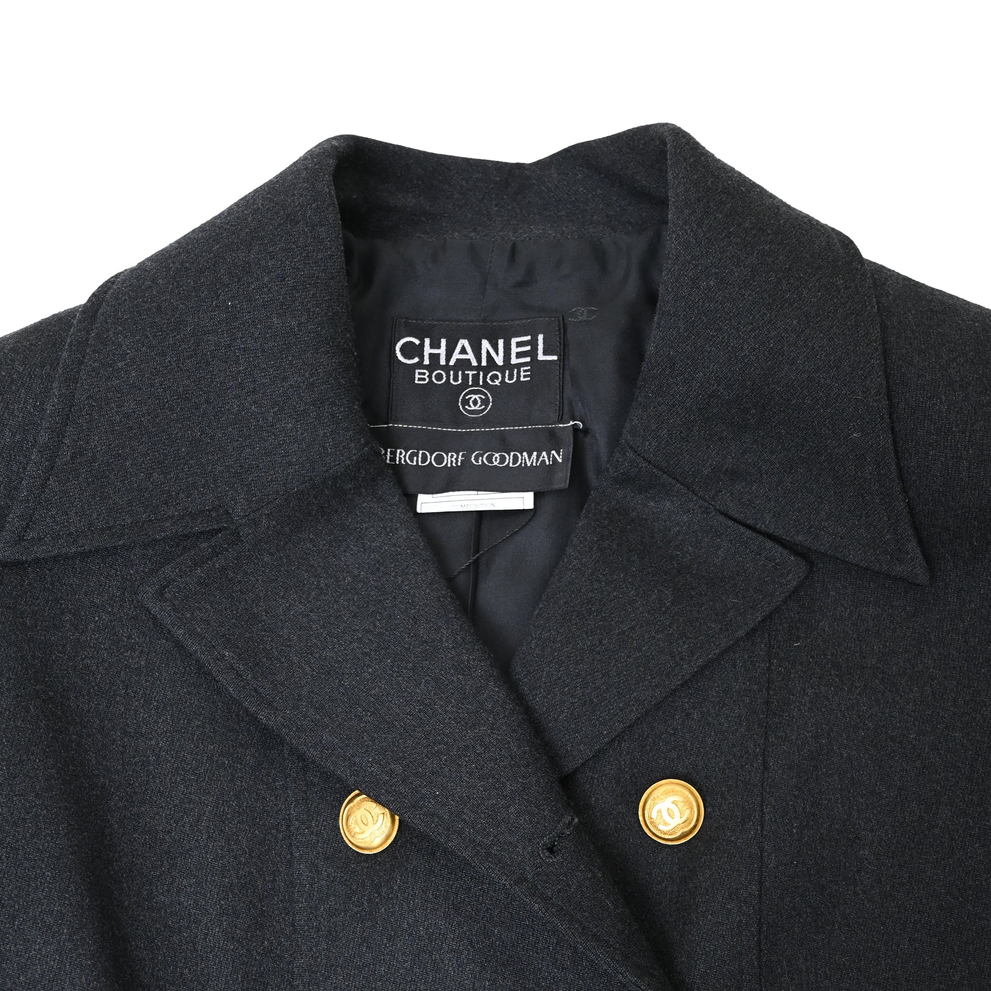 Women's Chanel Boutique Double-Breasted Peacoat in Black Wool