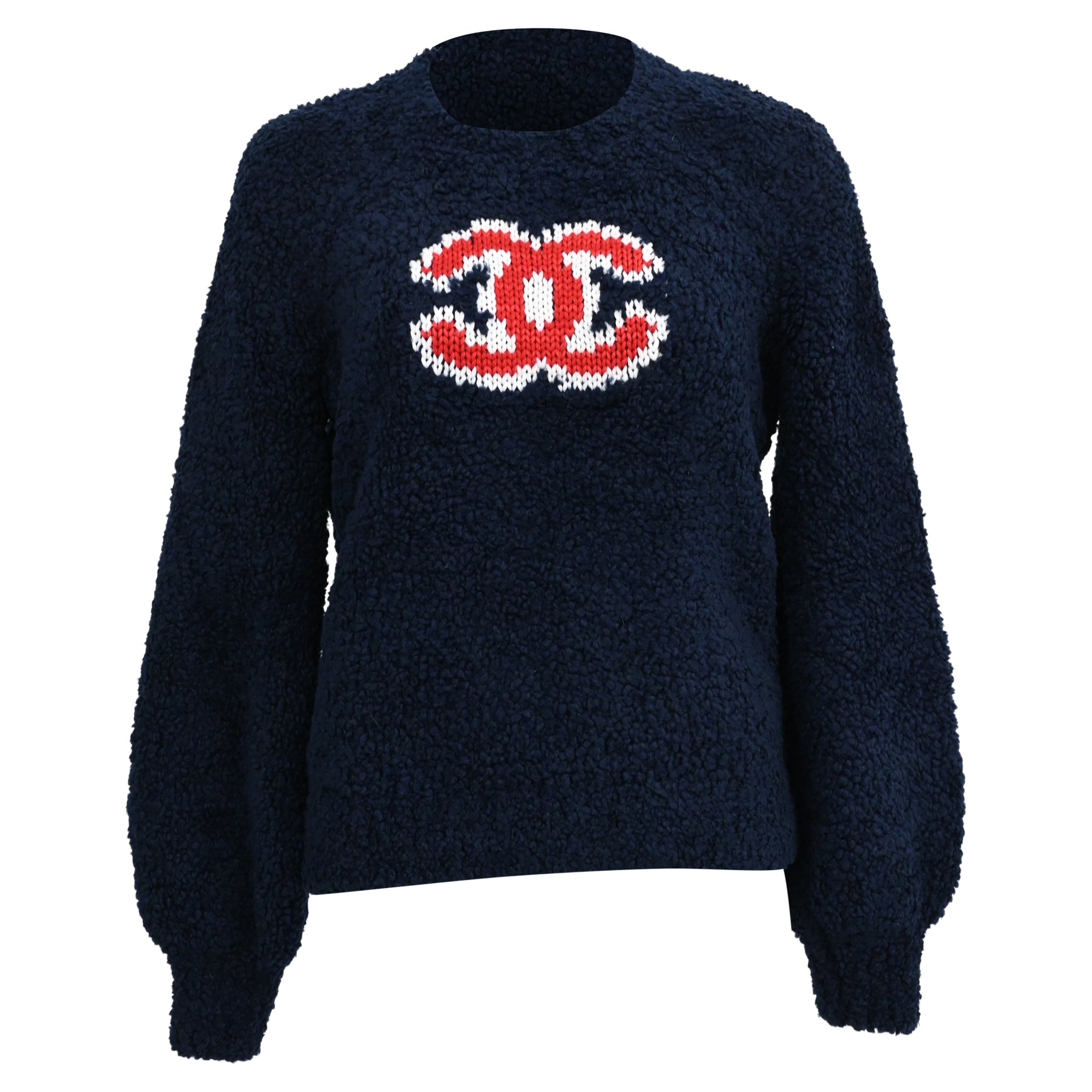 Women's Chanel CC Embroidered Sheared Sweater in Navy Blue Wool