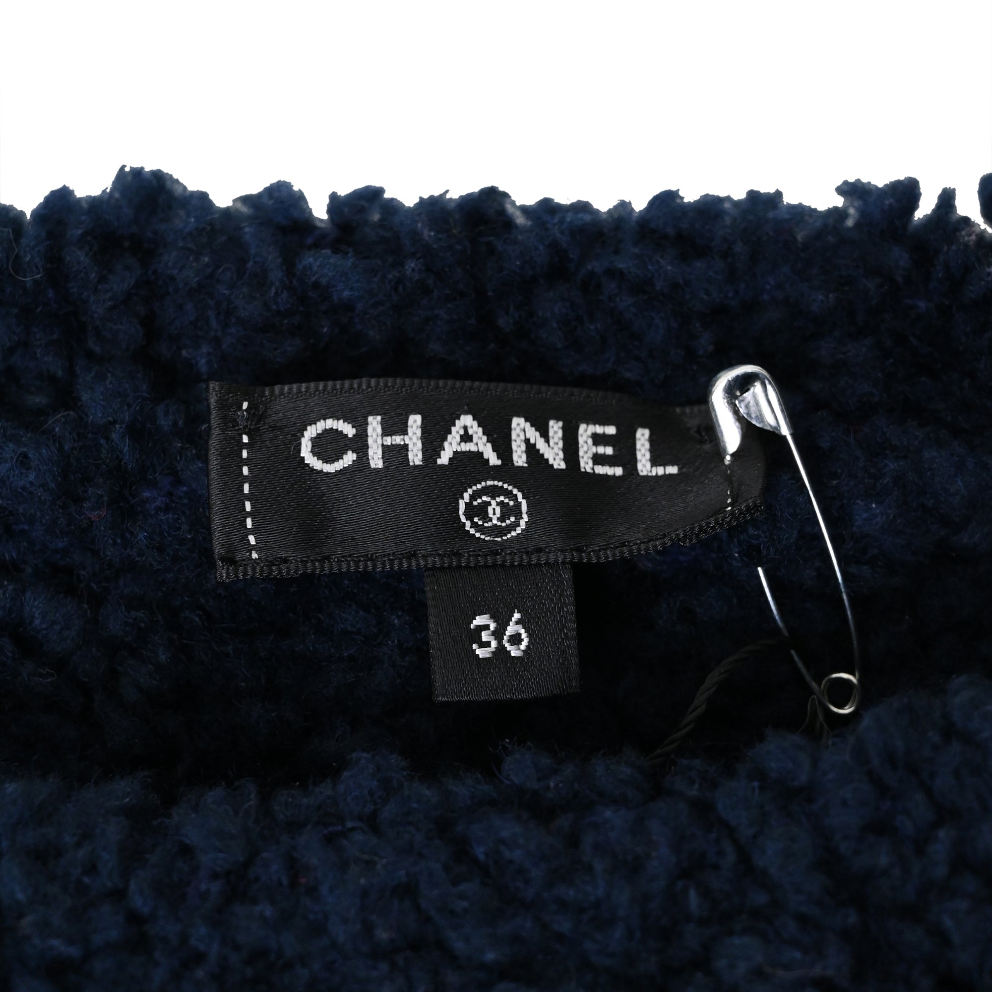 Women's Chanel CC Embroidered Sheared Sweater in Navy Blue Wool