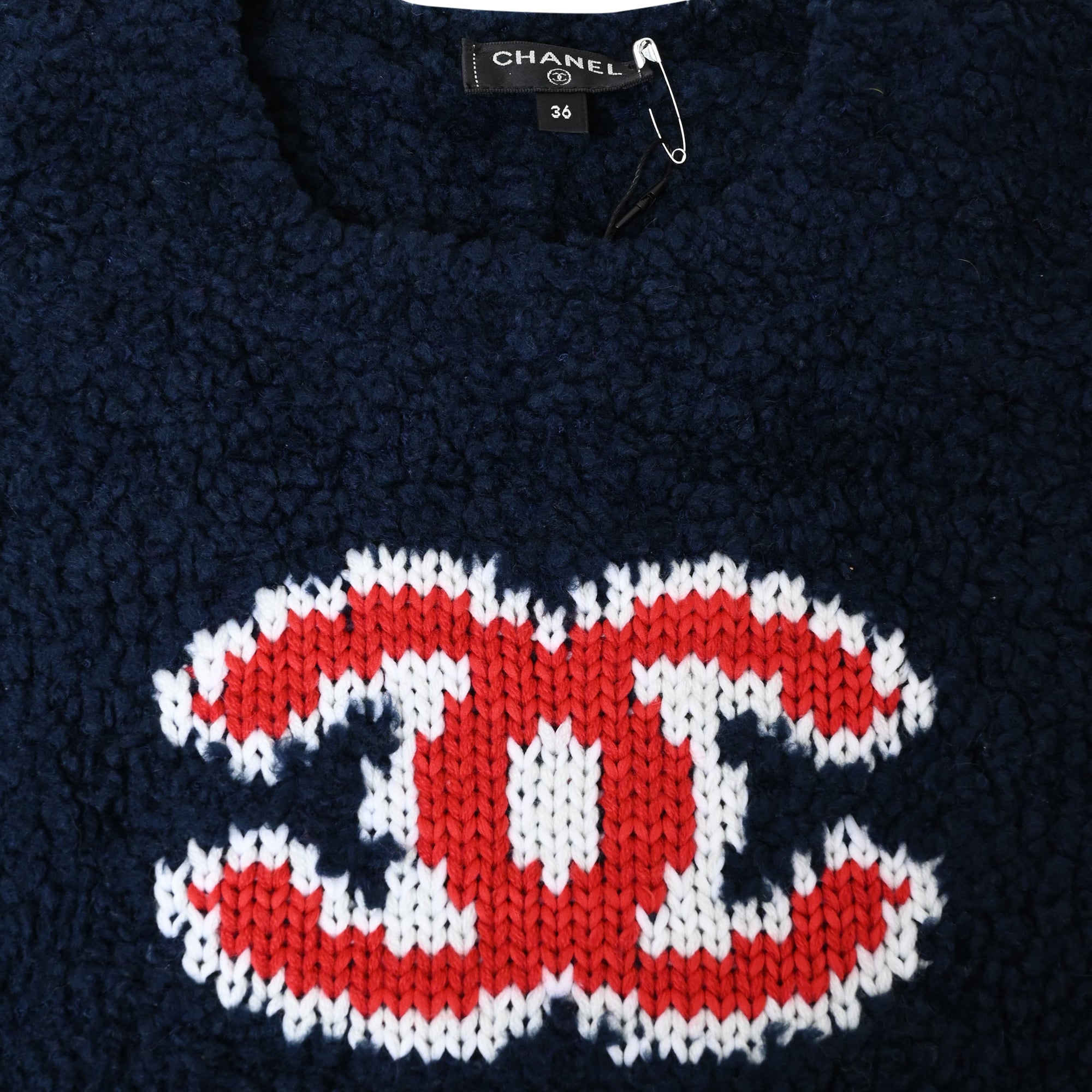 Women's Chanel CC Embroidered Sheared Sweater in Navy Blue Wool