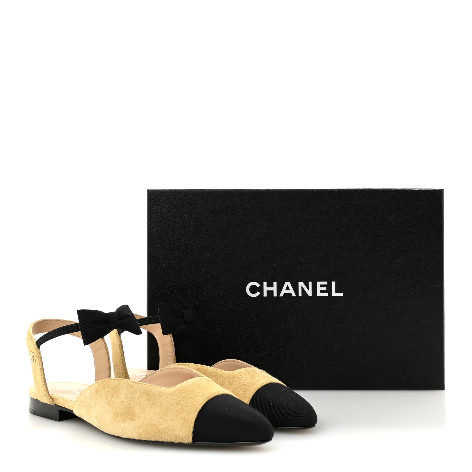 Suede Grosgrain Bow Cap Toe CC Slingback Flats 38 Beige Black