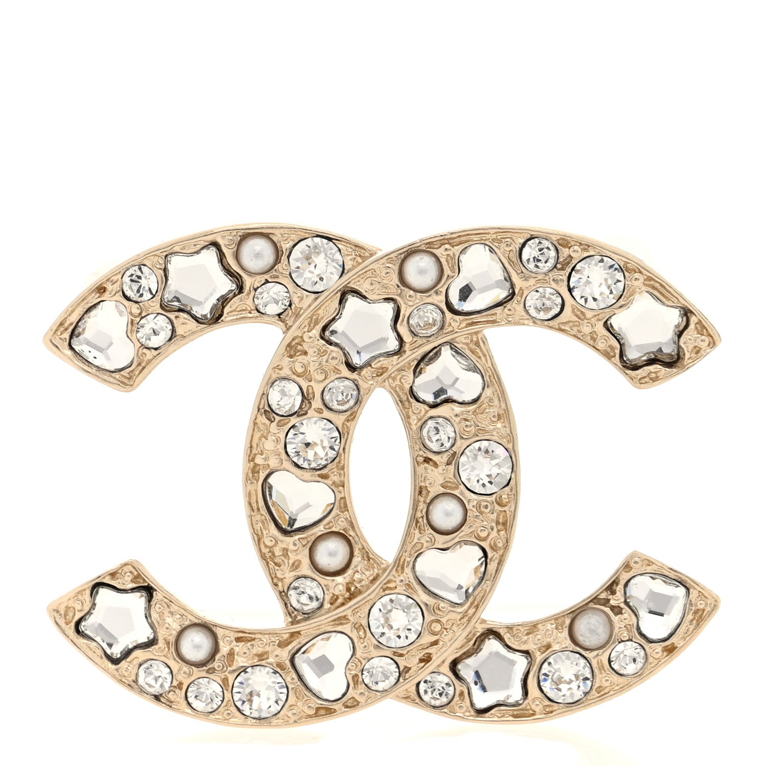 Metal Crystal Hearts Stars Pearl CC Brooch Gold