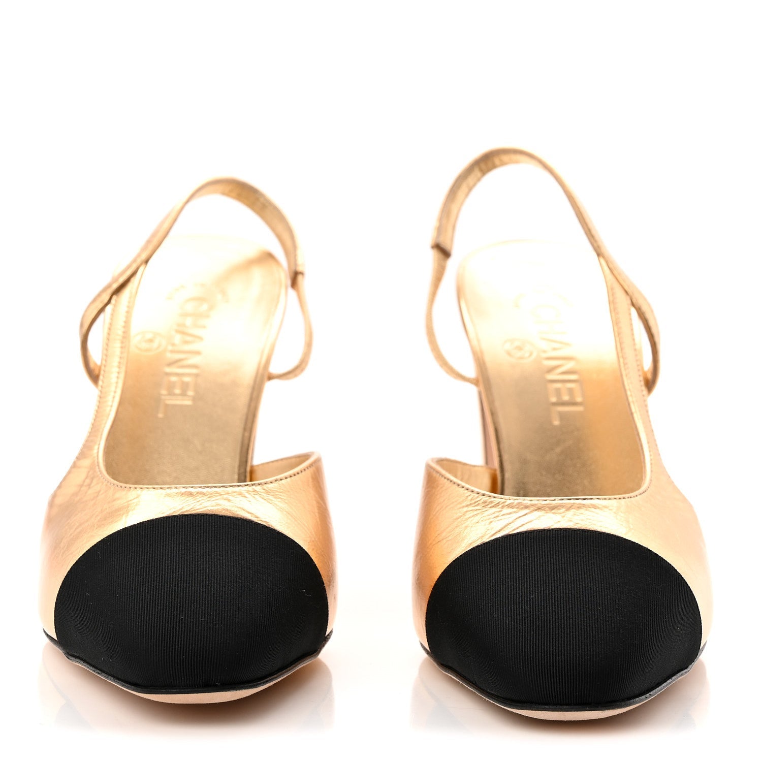 Laminated Crumpled Lambskin Grosgrain Cap Toe CC Slingback Pumps 39.5 Gold Black