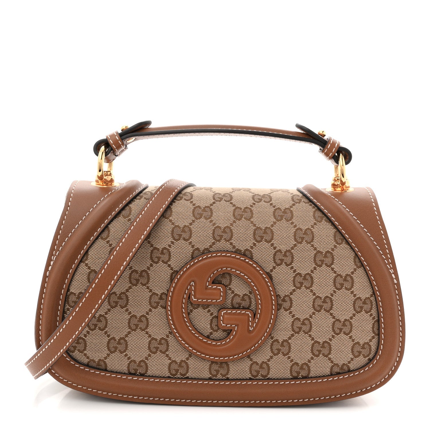 GG Monogram Calfskin Medium Blondie Top Handle Bag Beige Dark Brown