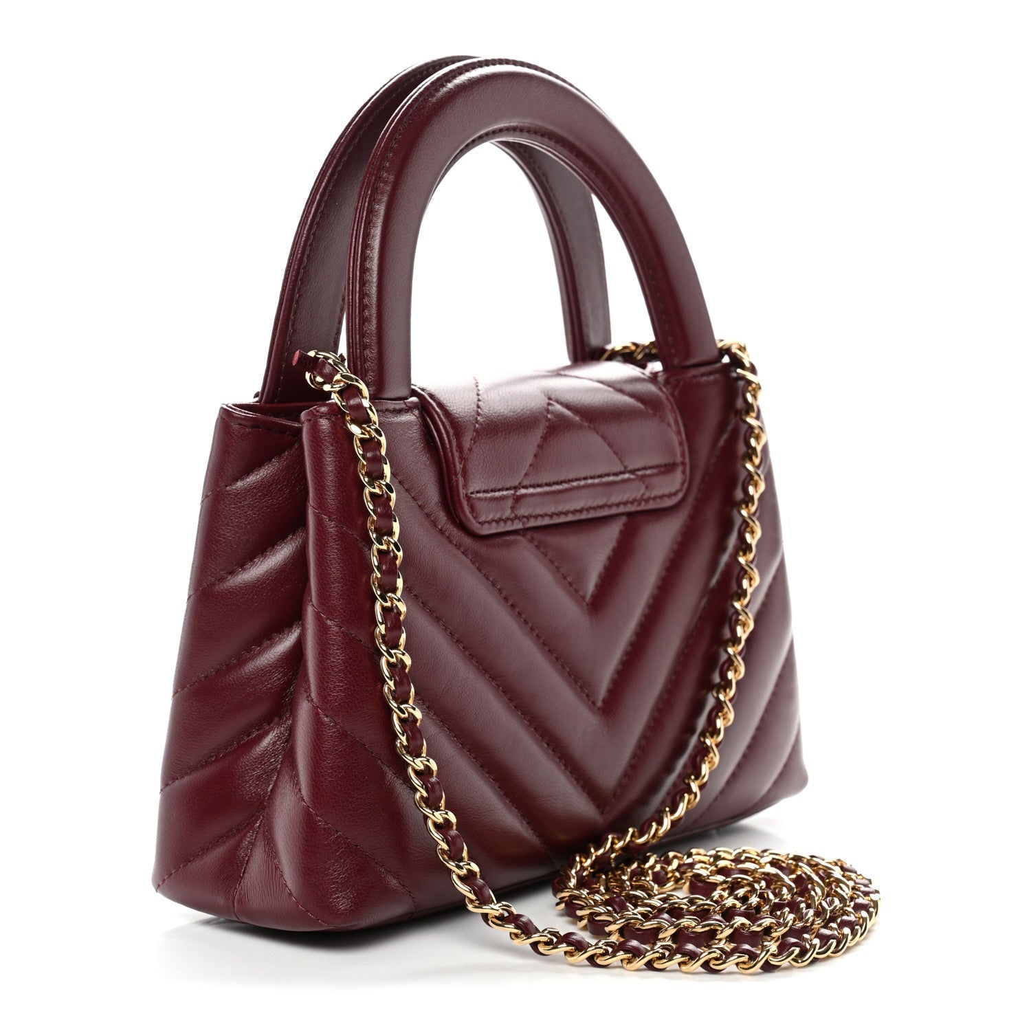 Shiny Lambskin Chevron Quilted Nano Kelly Shopper Dark Burgundy