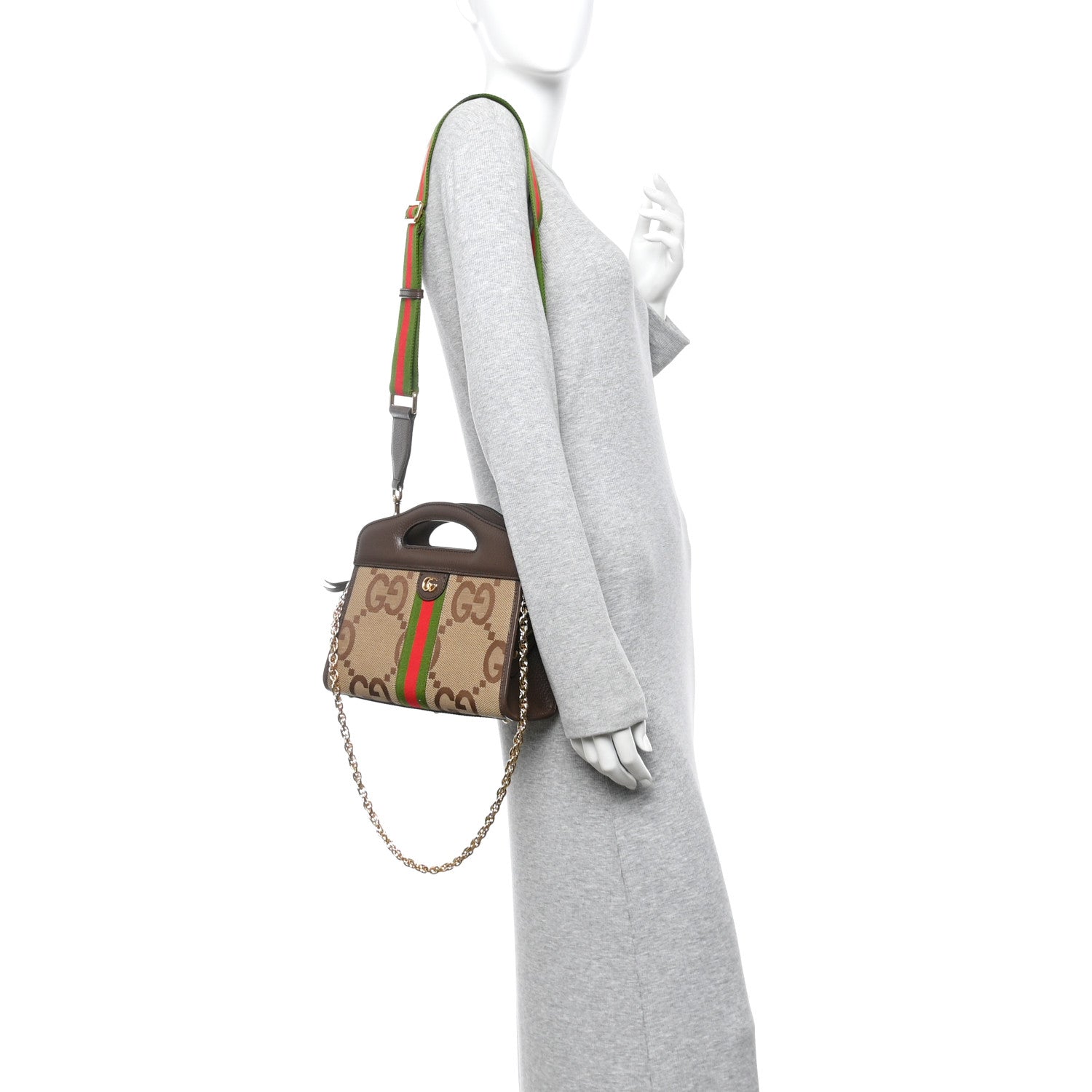 Monogram Jumbo GG Textured Dollar Calfskin Web Small Ophidia Slip Handle Tote Beige Ebony New Acero