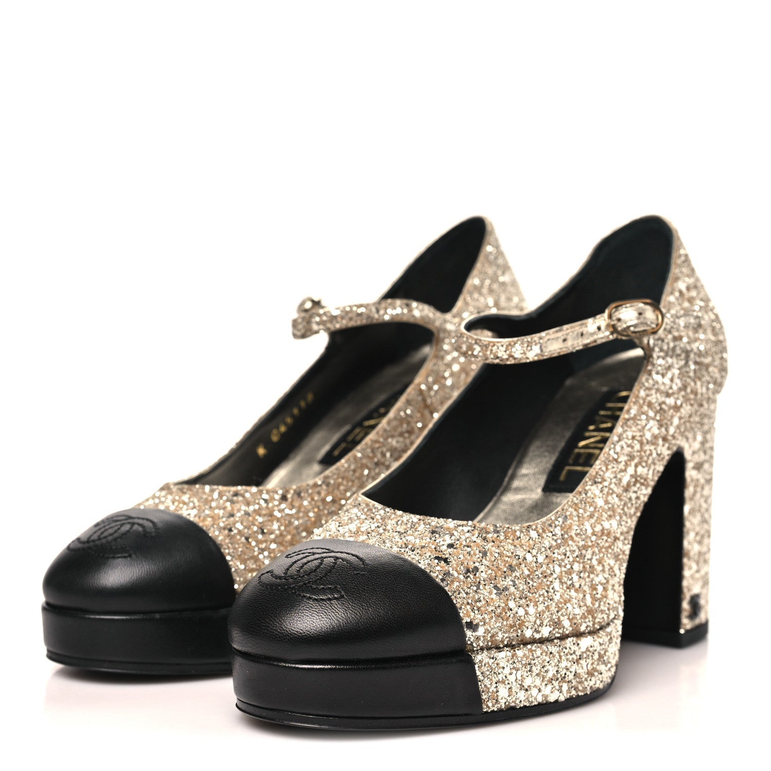 Glitter Lambskin Cap Toe CC Mary Jane Pumps 37 Light Gold Black