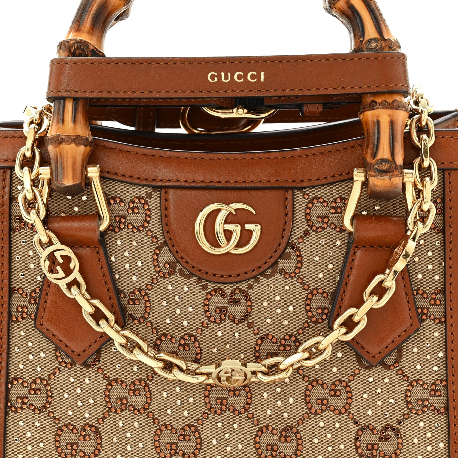 New Canvas Charisma Calfskin Crystal GG Monogram Mini Diana Tote Bag Camel Ebony