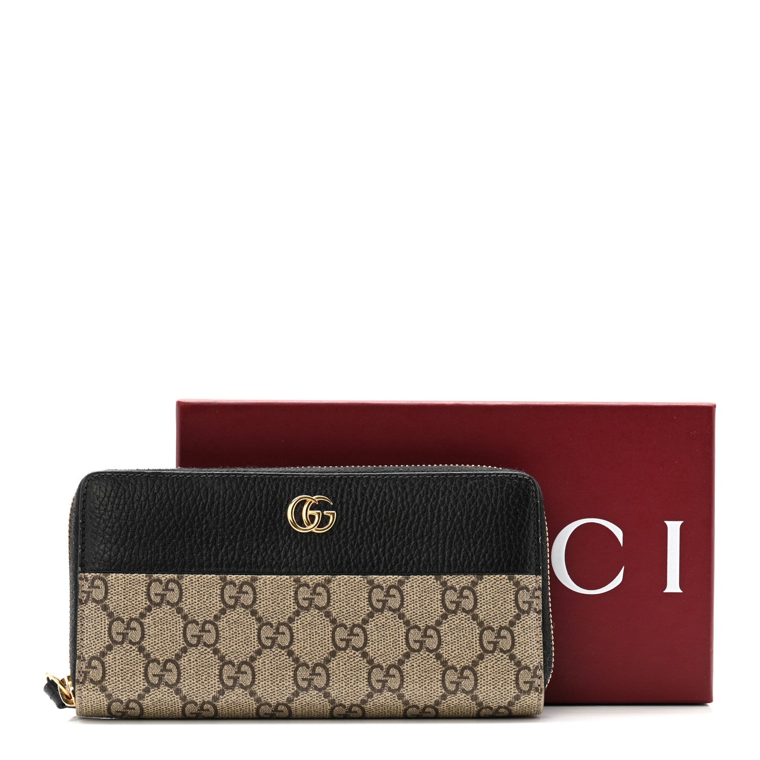 Dollar Calfskin GG Supreme Monogram GG Marmont Zip Around Wallet Black Beige Ebony