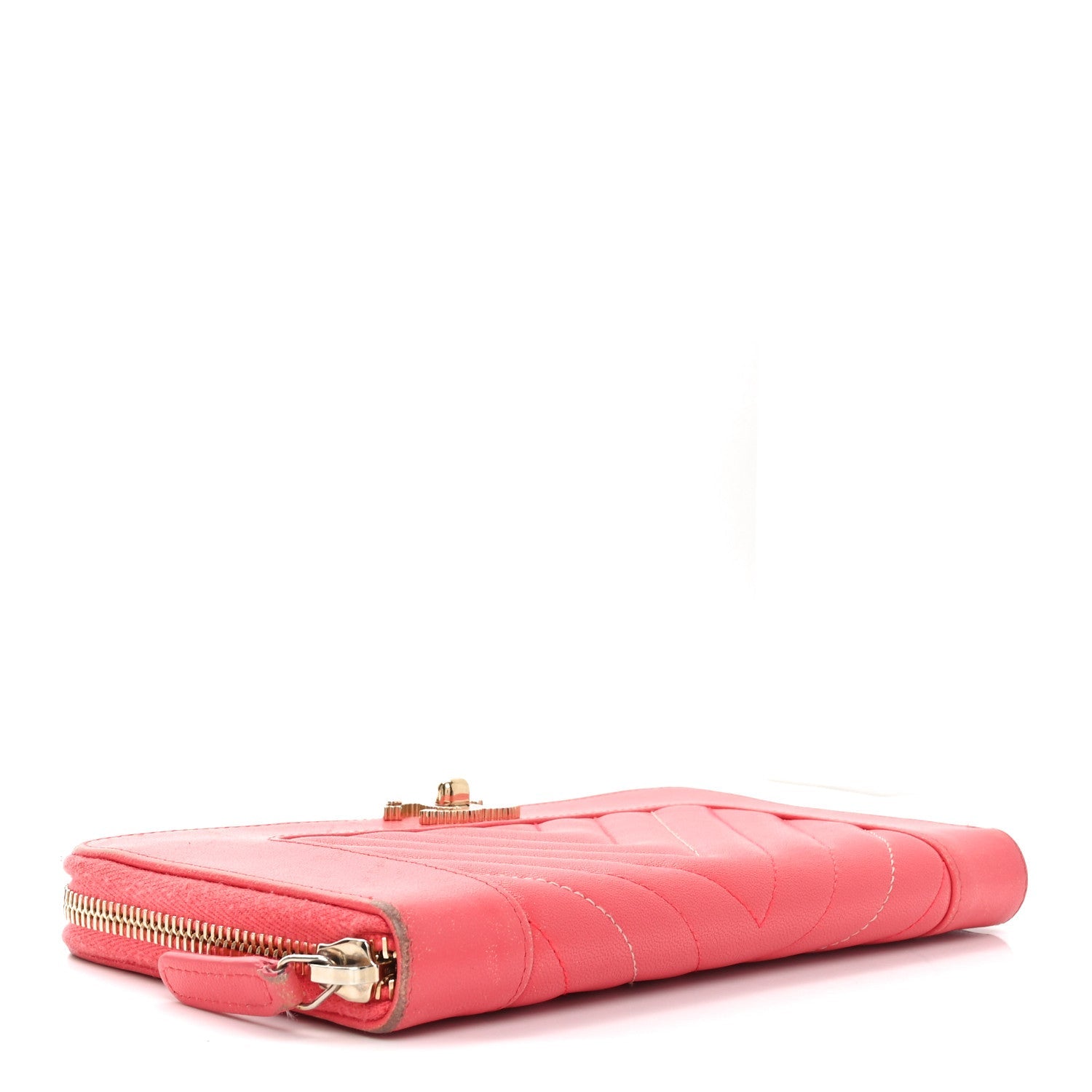 Sheepskin Chevron Quilted Mademoiselle Vintage Zip Around Wallet Pink