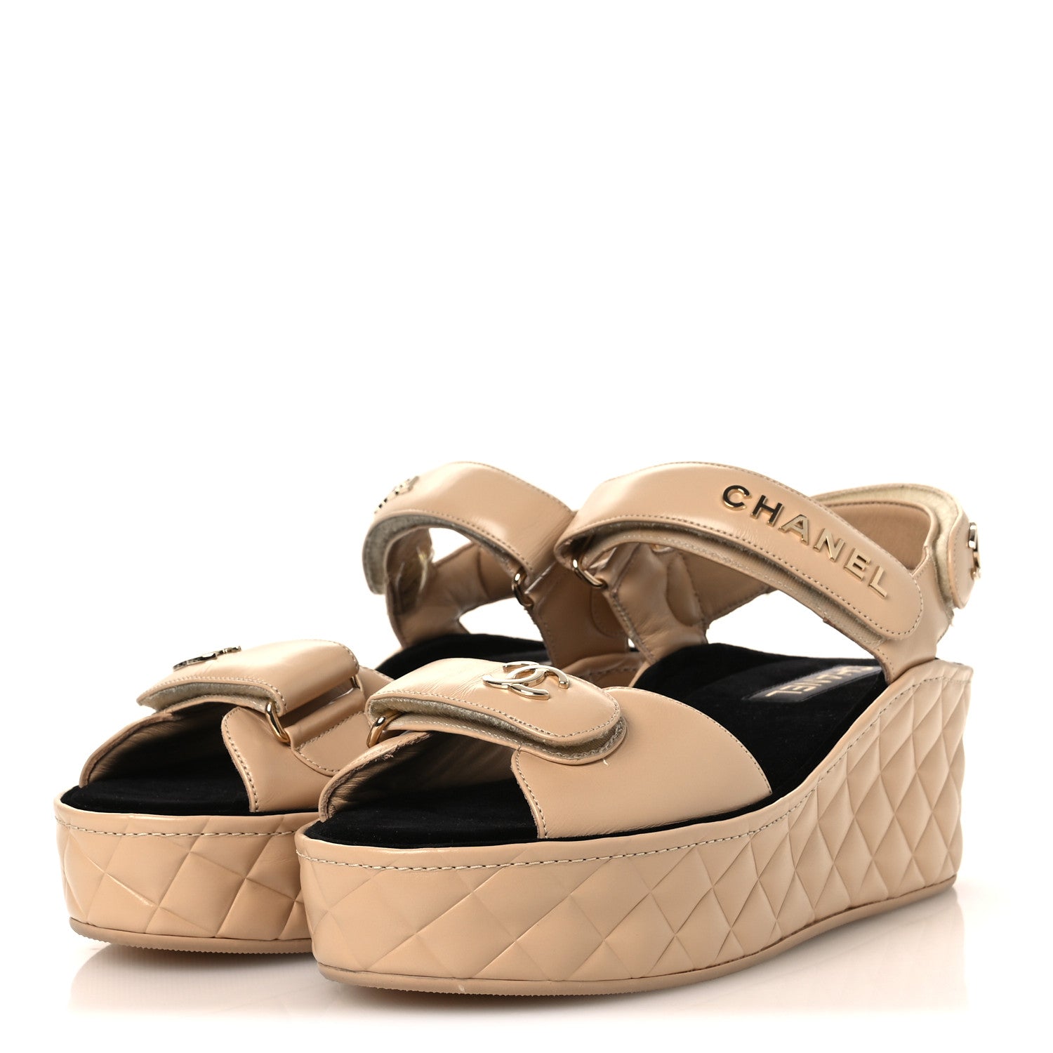 Shiny Calfskin Logo Platform Sandals 40 Beige