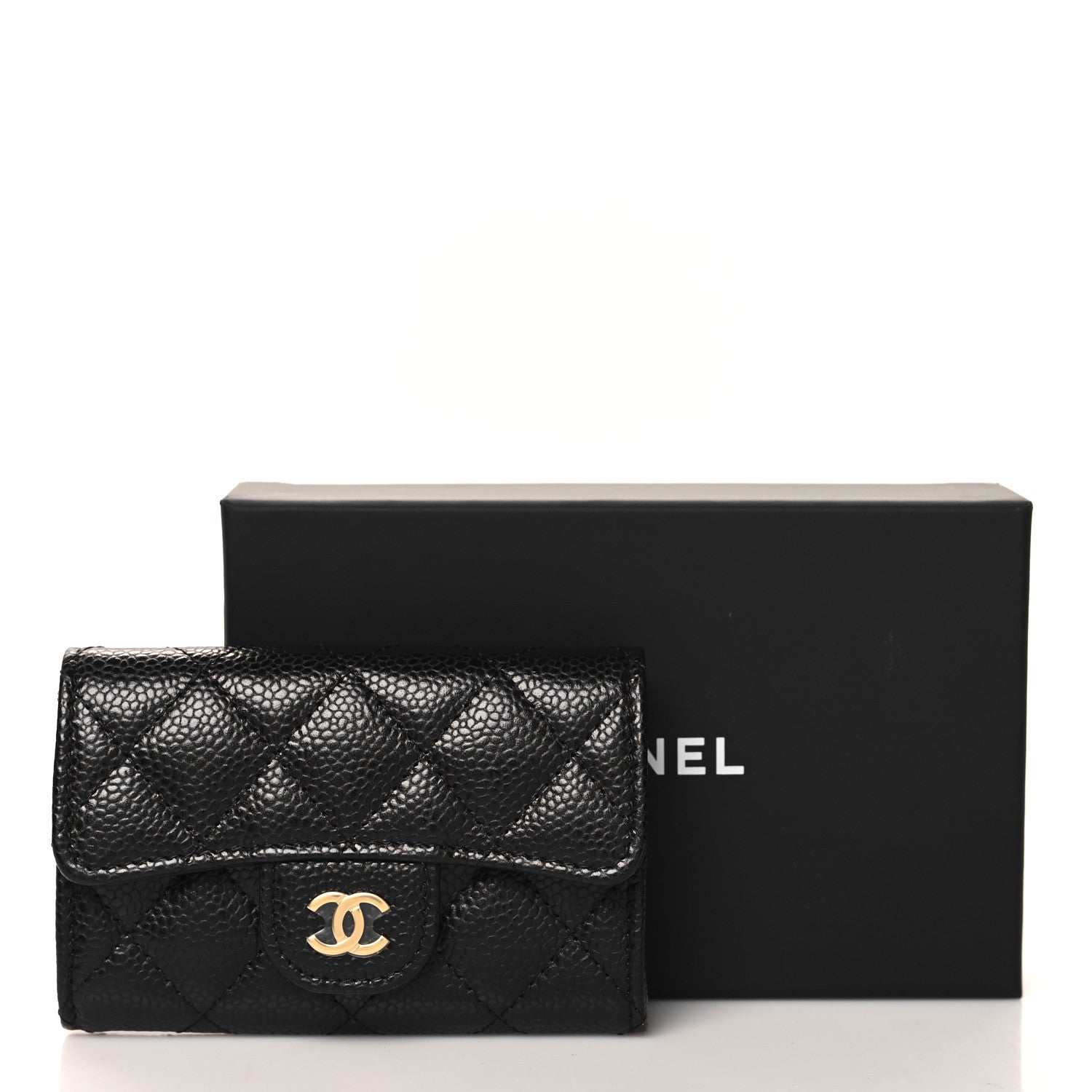 Caviar Quilted Flap Card Holder Wallet Black