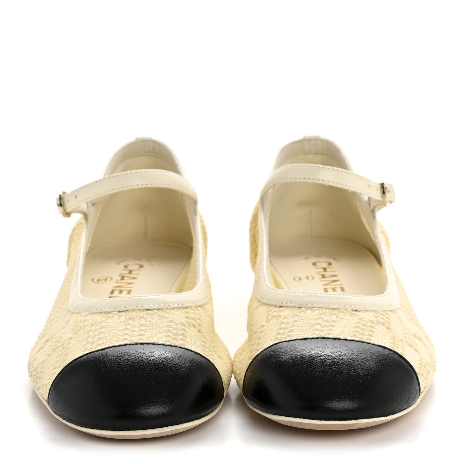 Crochet Lambskin Cap Toe Mary Jane Flats 38 Natural Beige Black