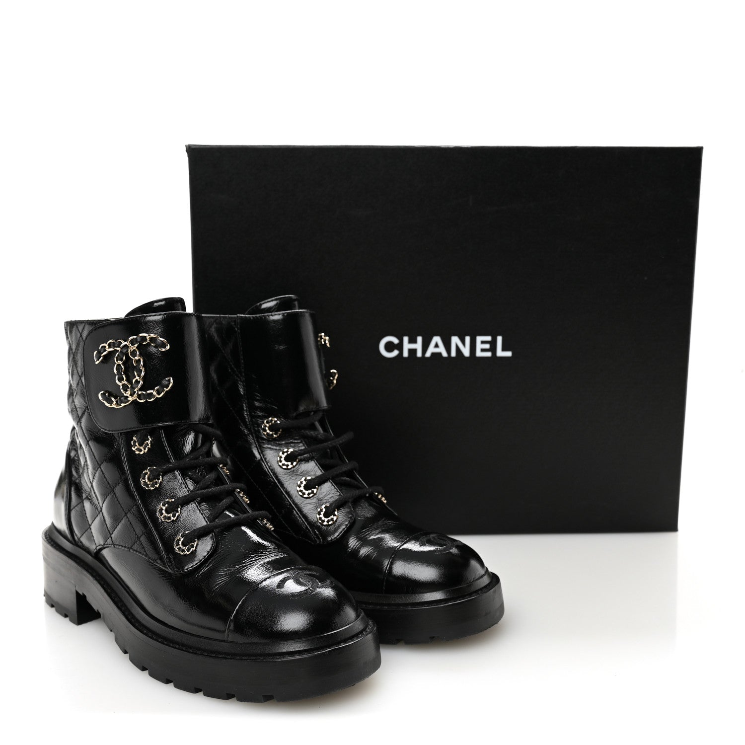 Shiny Calfskin Quilted Lace Up Combat Boots 37.5 Black