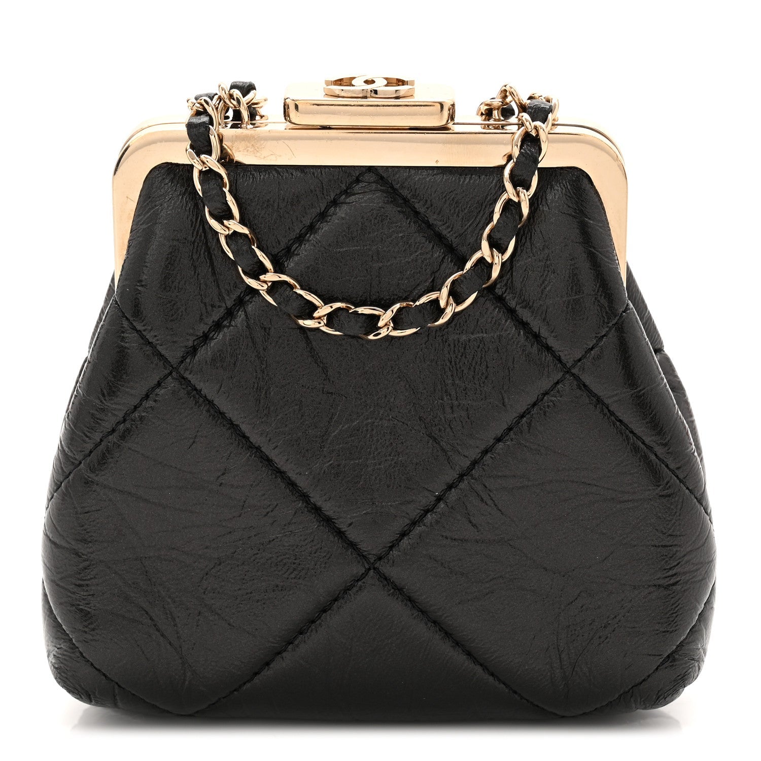 Shiny Aged Lambskin Quilted Kiss Lock Clutch With Chain Black
