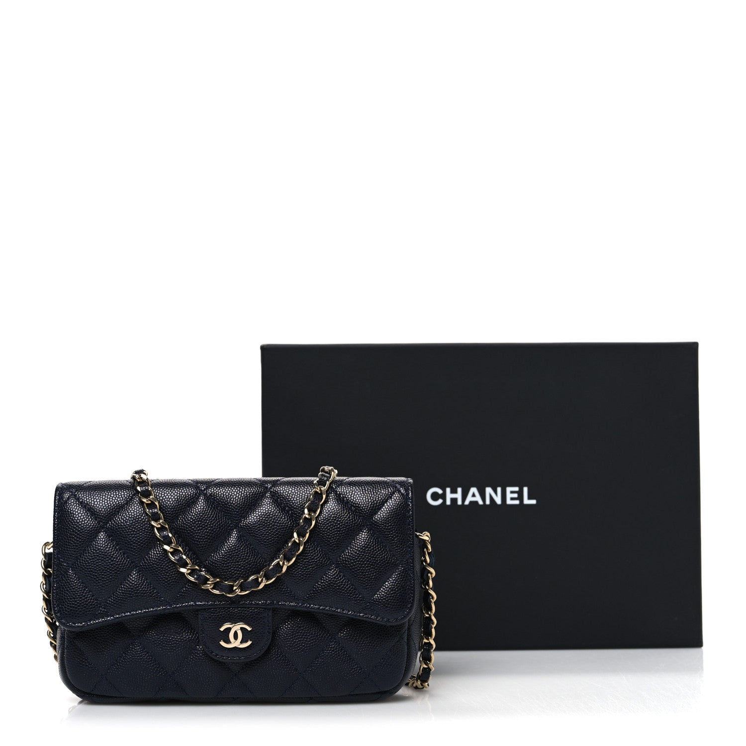 Caviar Quilted Flap Phone Holder With Chain Navy Blue