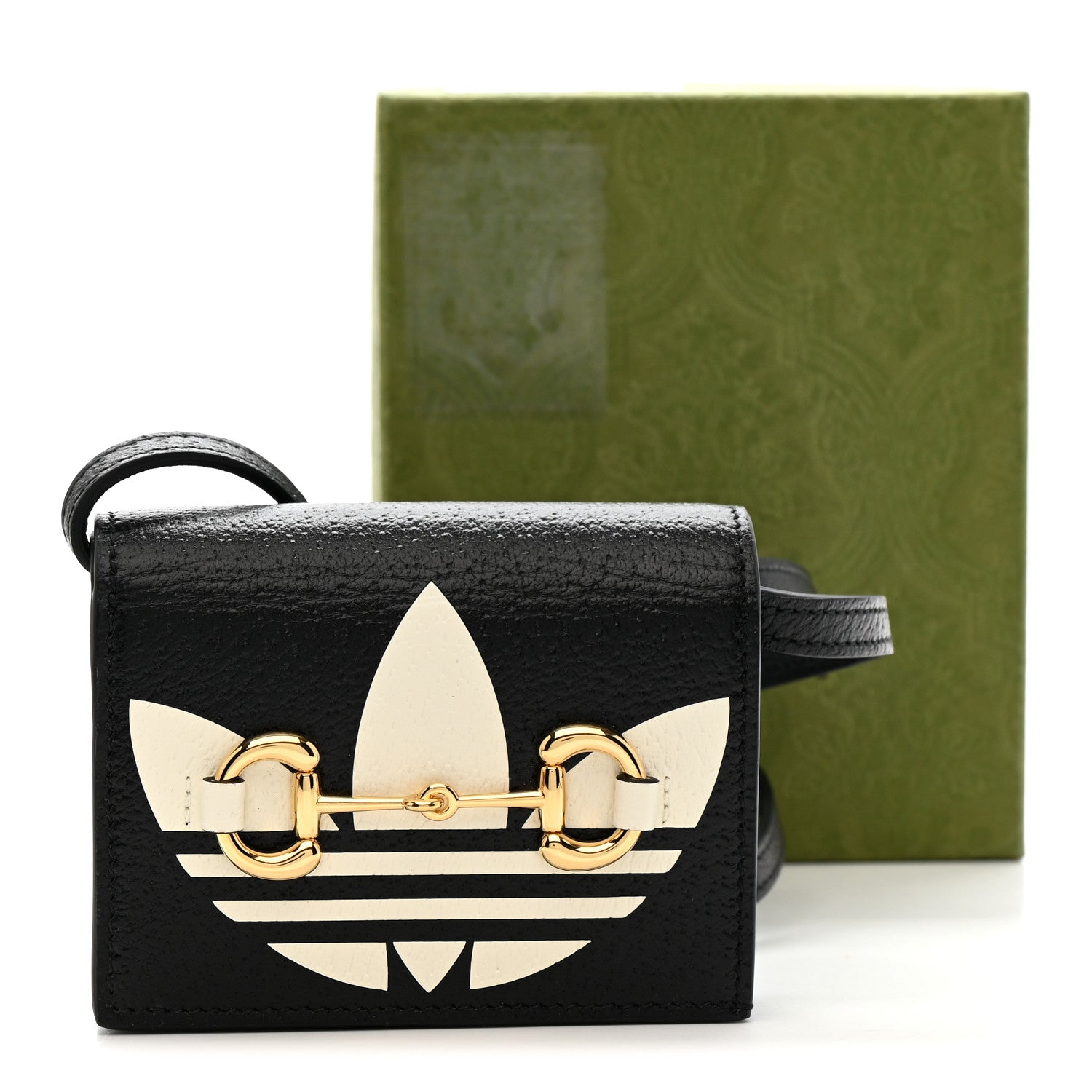 X ADIDAS Textured Dollar Calfskin Trefoil Horsebit 1955 Card Case Wallet With Strap Black Off White