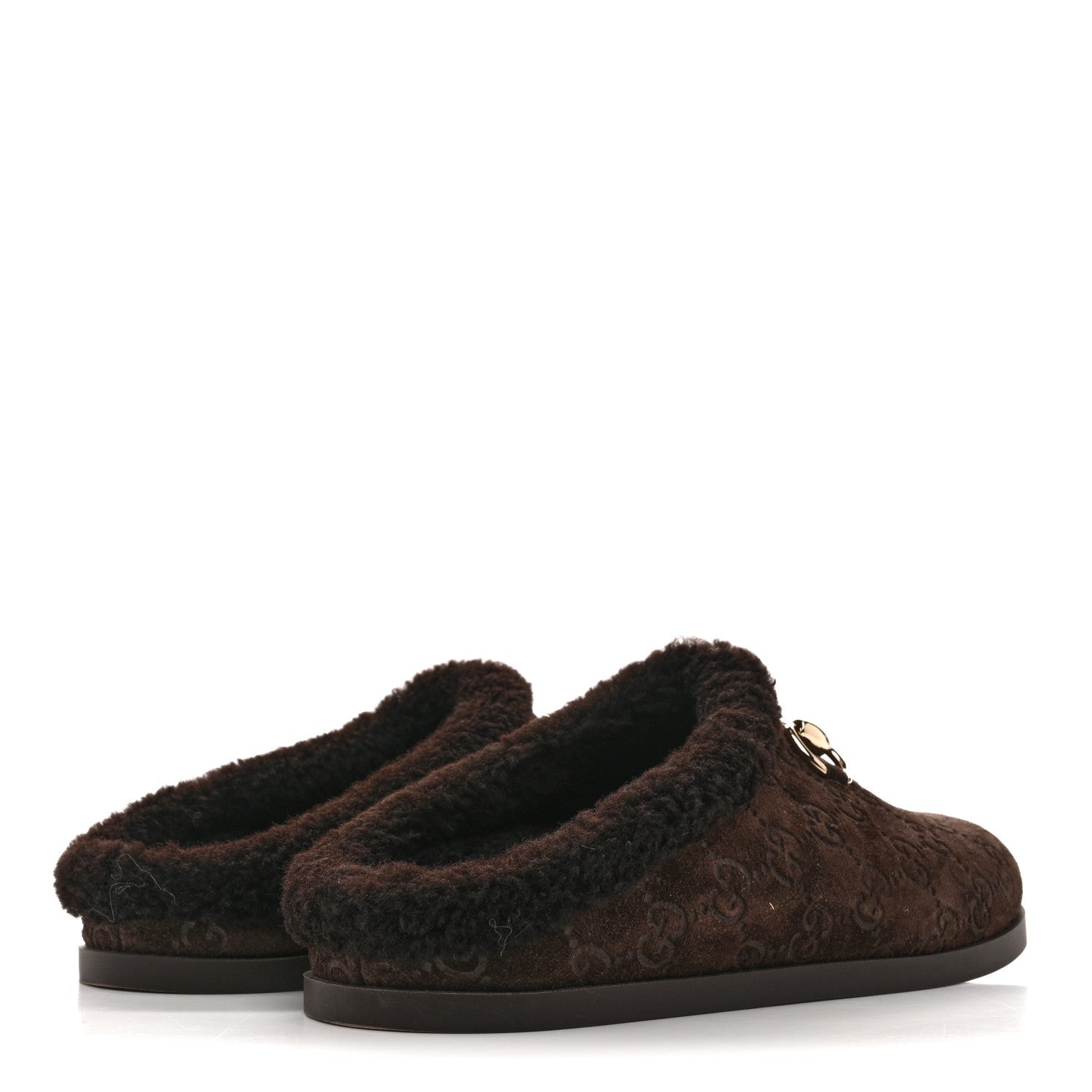 Suede GG Debossed Shearling Womens Horsebit Mules 36 Dark Brown