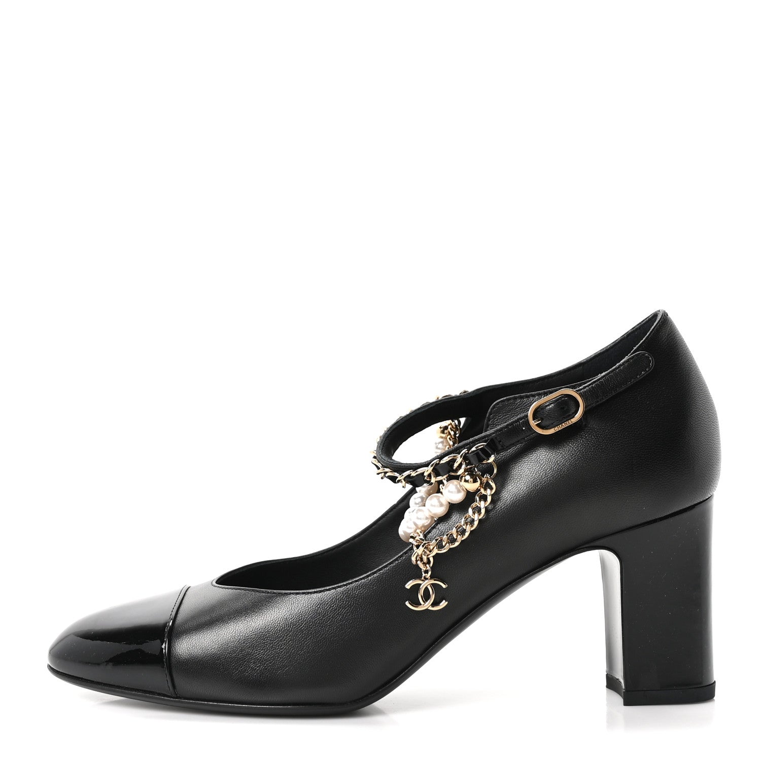 Shiny Lambskin Patent Calfskin Cap Toe Ankle Pearl Chain Pumps 39.5 Black