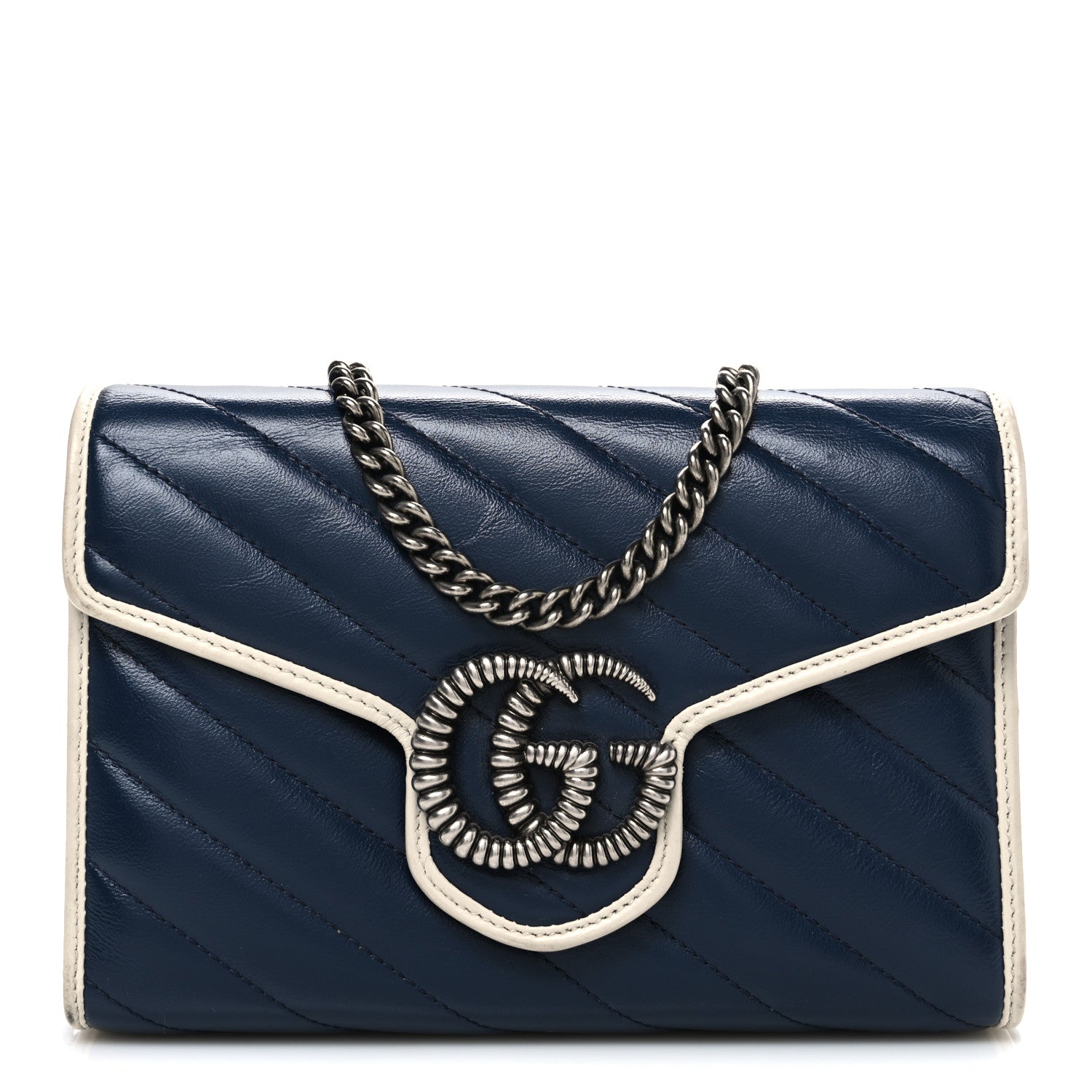 Vintage Effect Calfskin Matelasse Diagonal Torchon GG Marmont Chain Wallet Blue Agata Mystic White