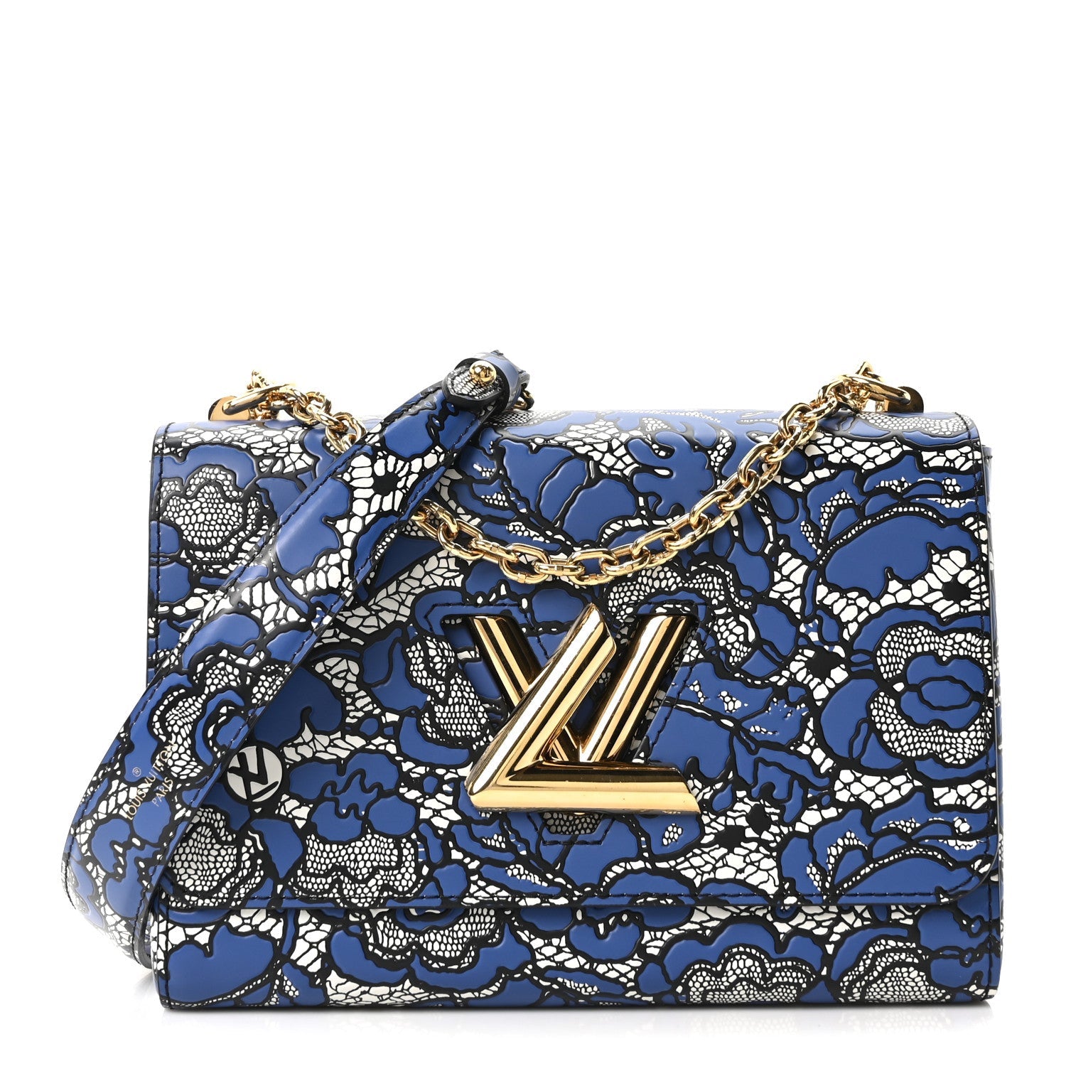 Calfskin Lace Flower Inlay Twist Shoulder Bag MM Navy Black