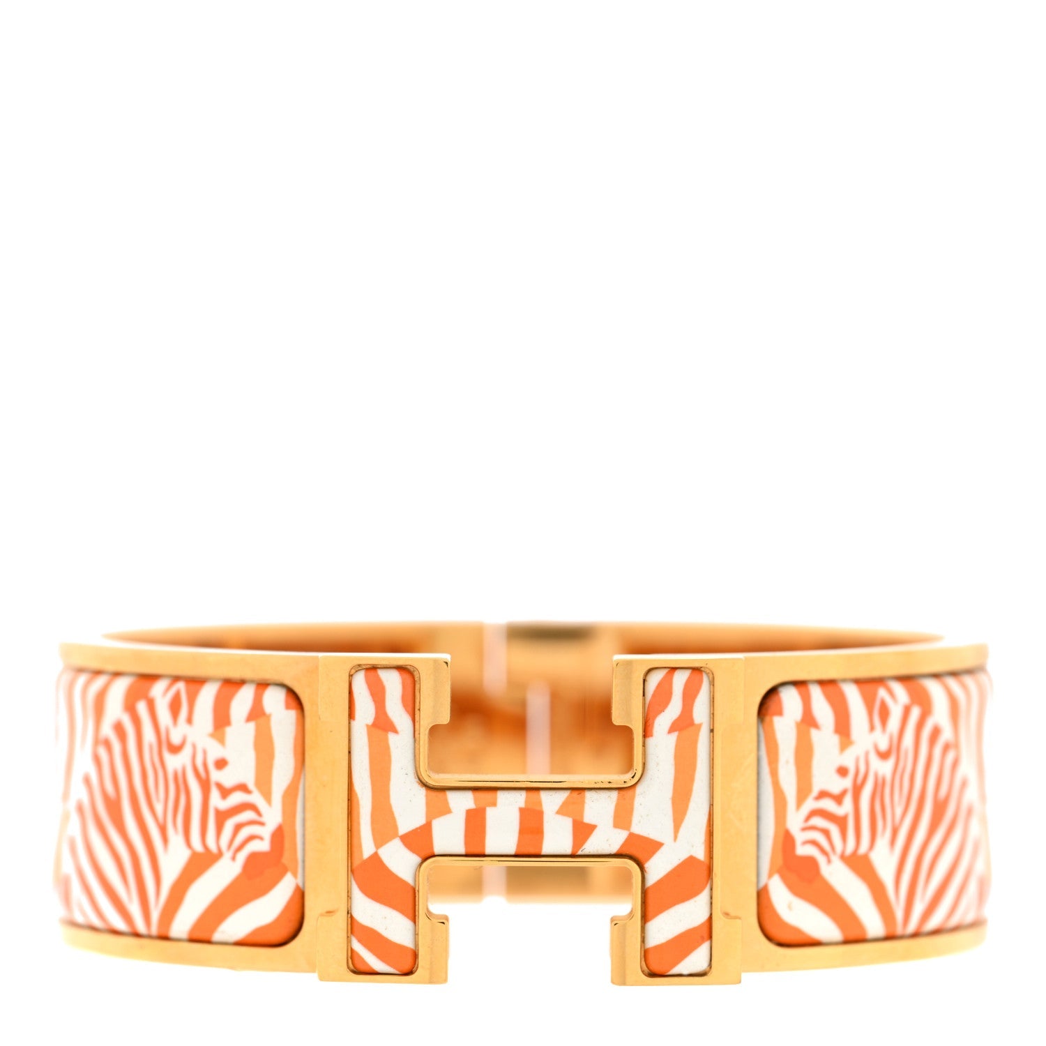 Enamel Printed Wide Zebres De Tanzania Clic Clac H Bracelet PM Orange White