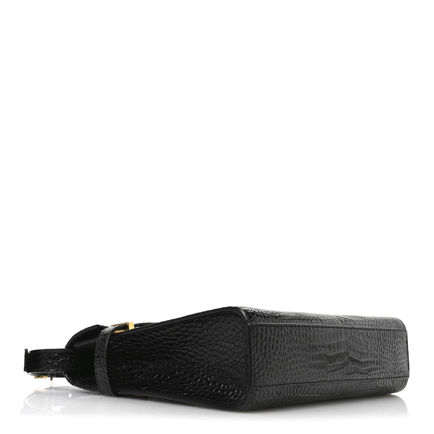 Shiny Calfskin Crocodile Embossed Manhattan Baguette Black