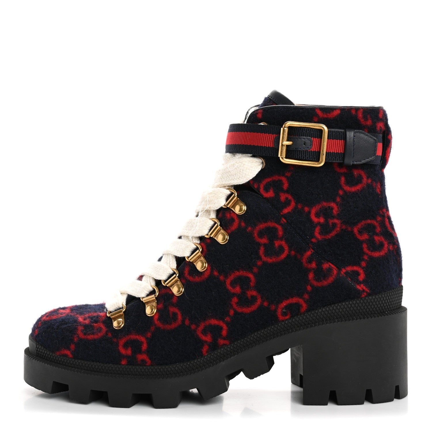 Covered Wool Big GG Monogram Womens Lace Up Combat Ankle Boots 37 Blue Red