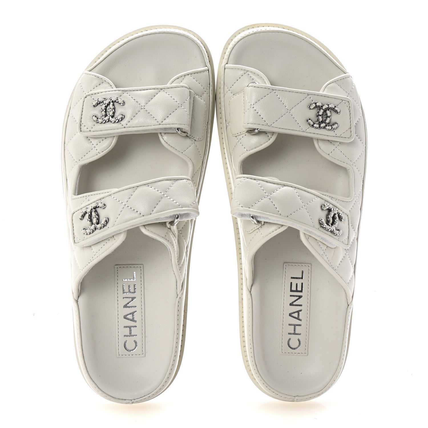Lambskin Quilted Velcro Dad Chain CC Slide Sandals 37.5 White