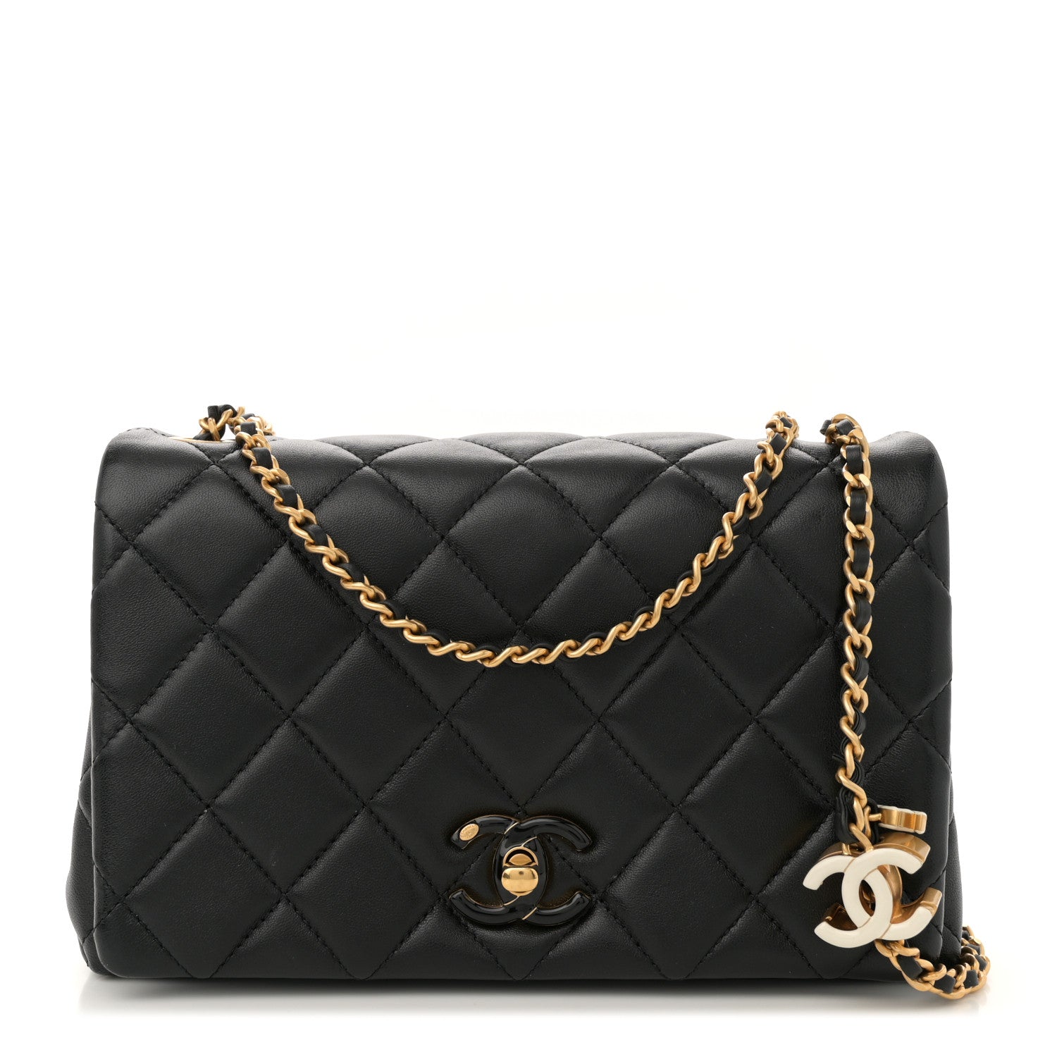 Shiny Lambskin Quilted Enamel CC Small Flap Black