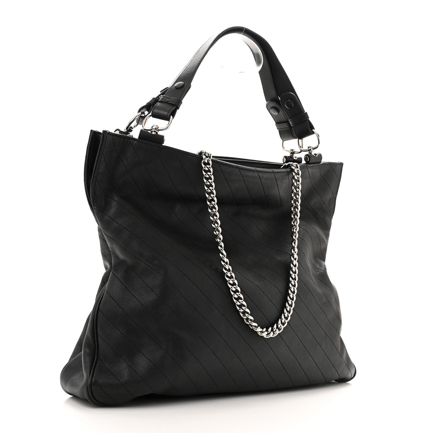 Sakai Be Green Calfskin Diagonal Stitched Medium Blondie Tote  Black