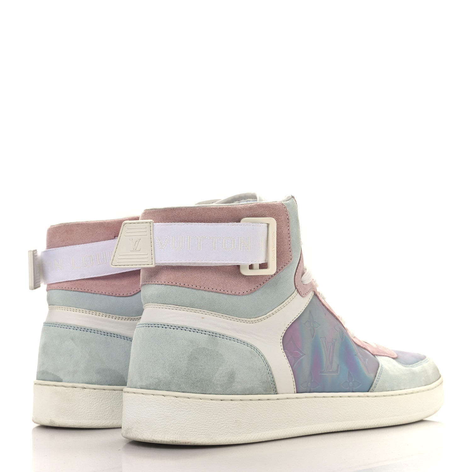 Calfskin Suede Monogram Mens Rivoli High Top Sneakers 10 White Multicolor