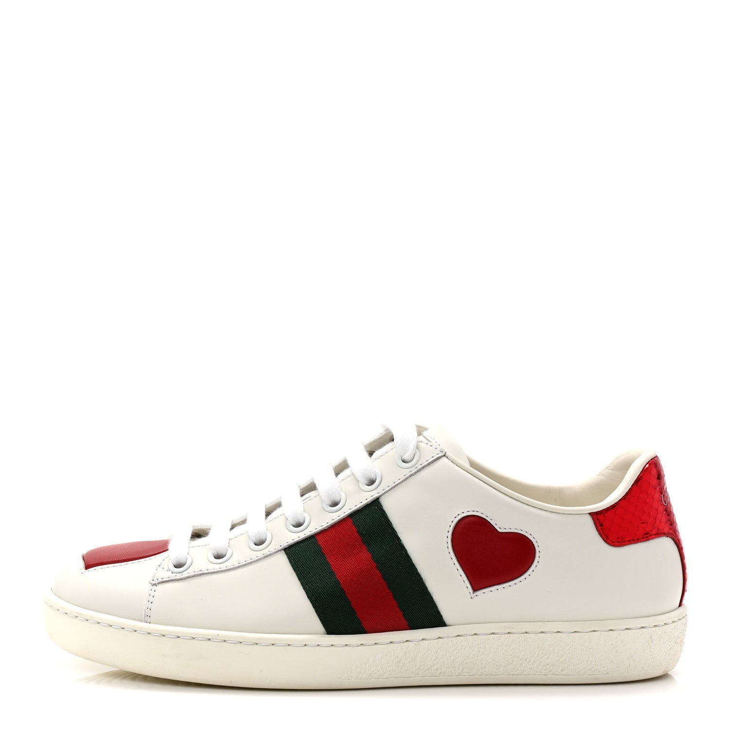Calfskin Web Heart Embroidered Womens Ace Sneakers 35 White
