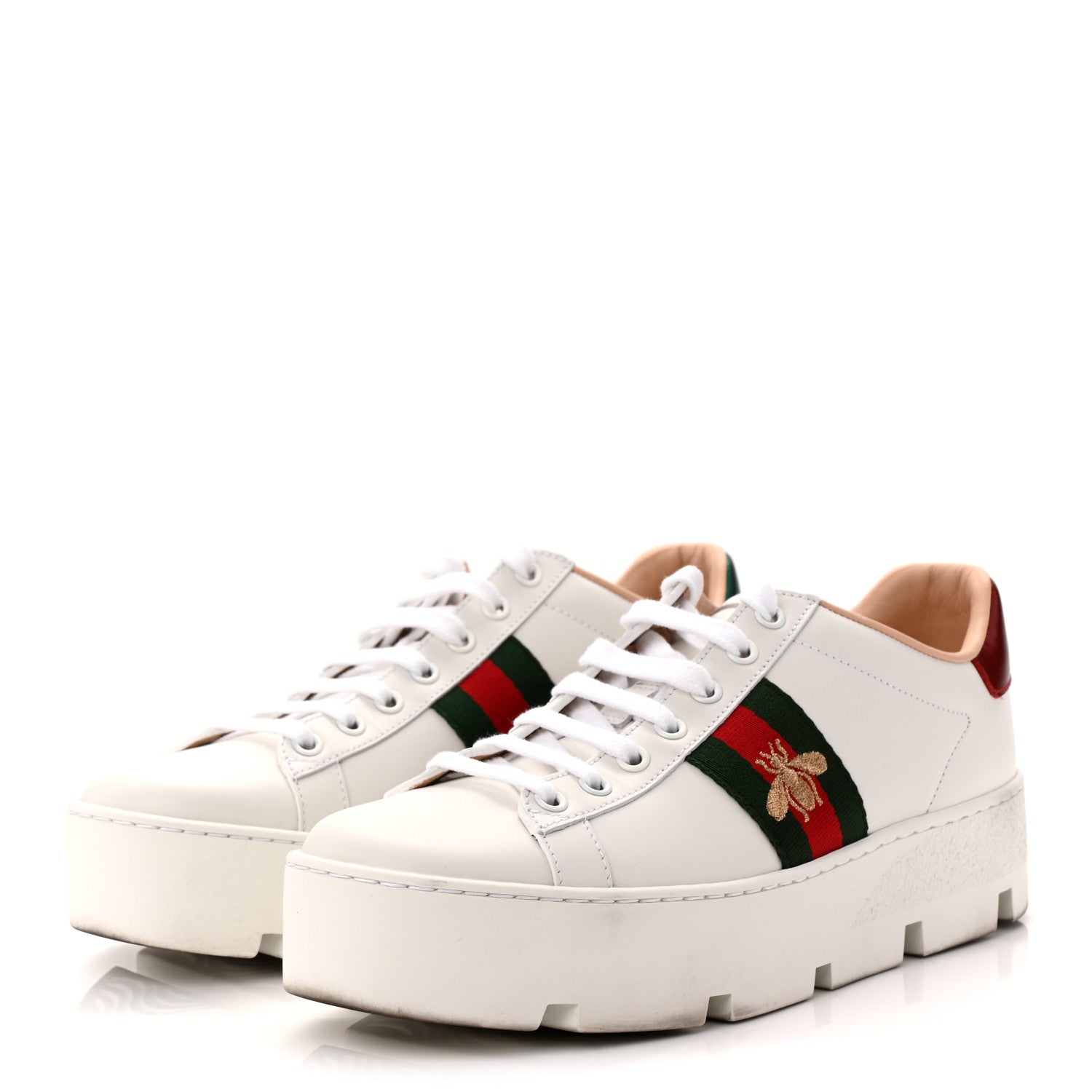 Calfskin Web Bee Embroidered Womens Ace Platform Sneakers 39 White