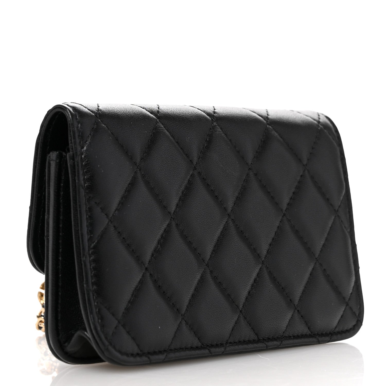 Lambskin Quilted Flap Card Holder With Cuff L Black