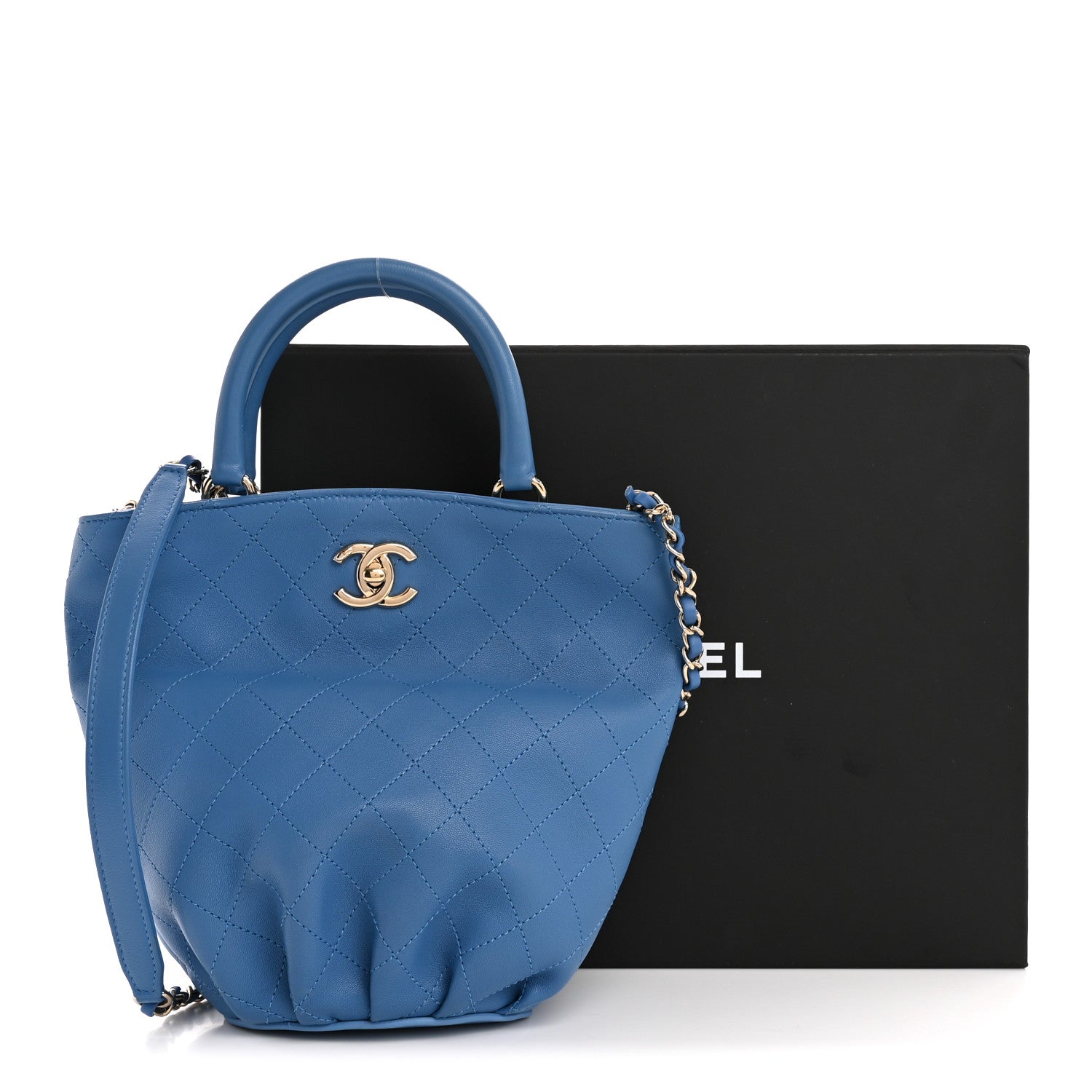 Calfskin Stitched Chain Top Handle Bucket Bag Blue
