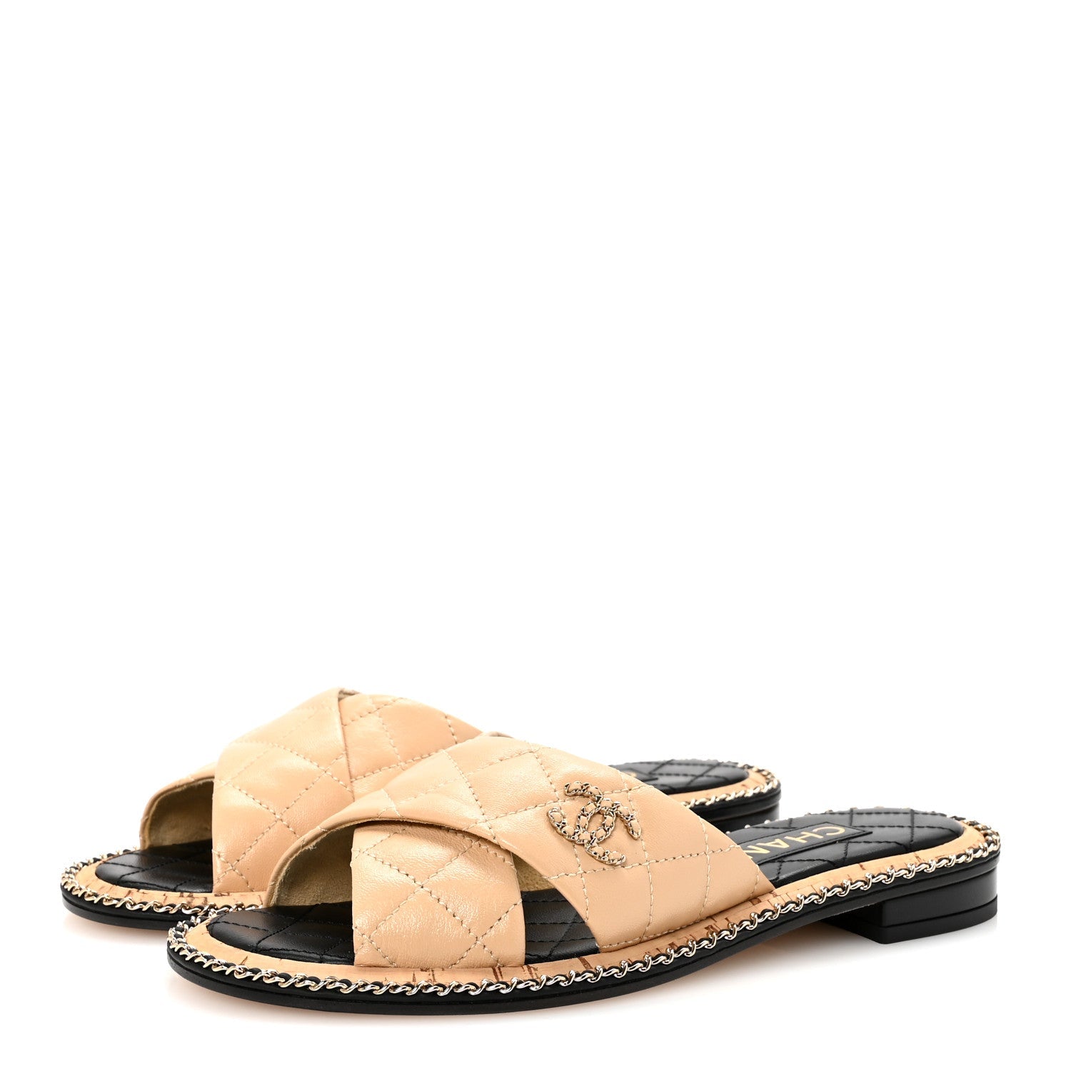 Shiny Lambskin Quilted Metal Chain CC Sandals 36.5 Beige