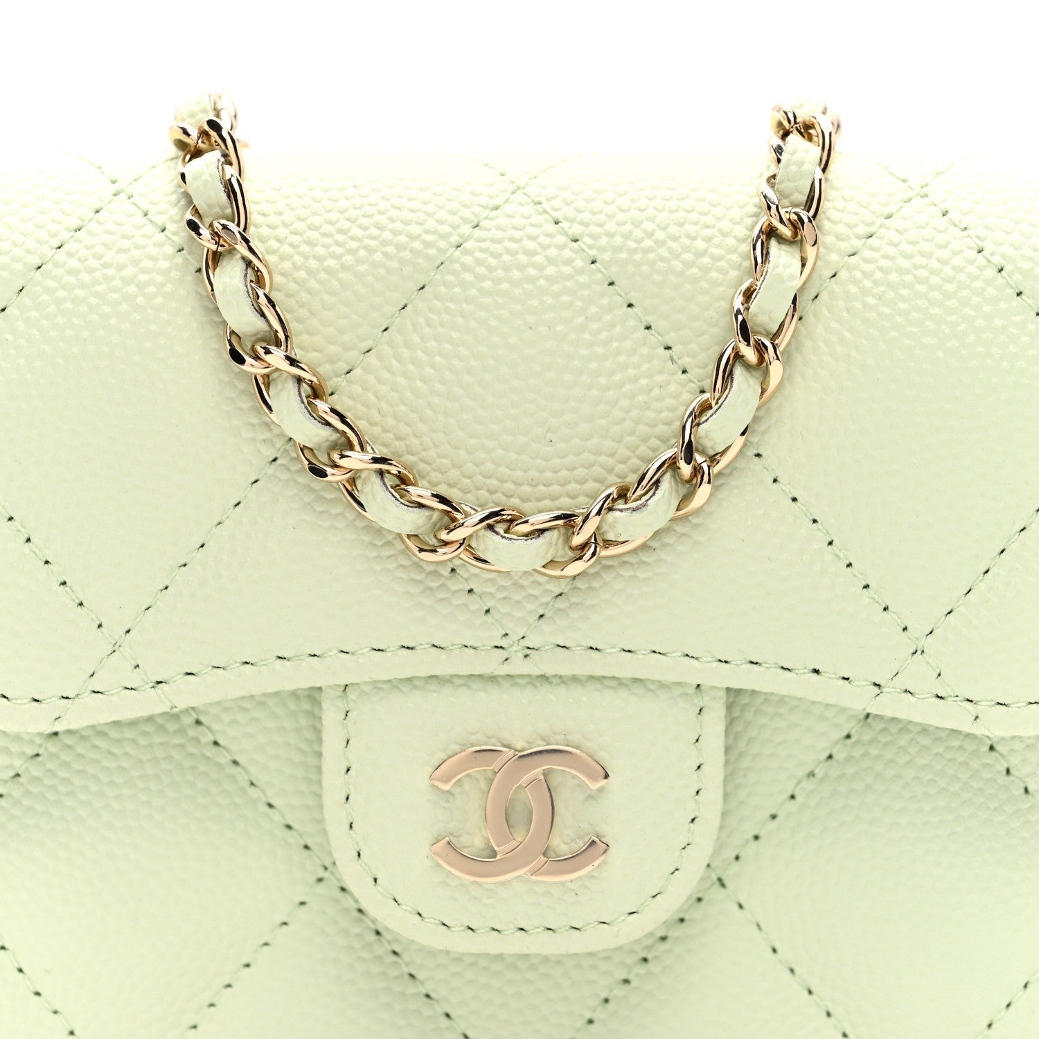 Caviar Quilted Flap Card Holder On Chain Light Green