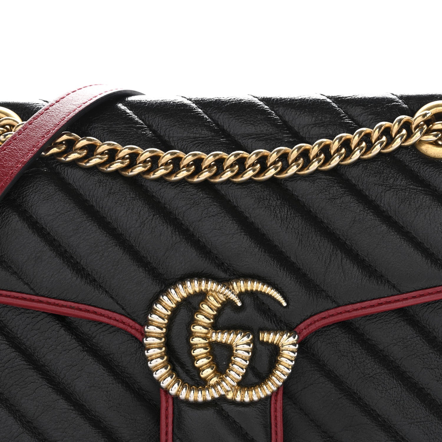 Vintage Effect Calfskin Matelasse Diagonal Small Torchon GG Marmont Shoulder Bag Black Romantic Cherry