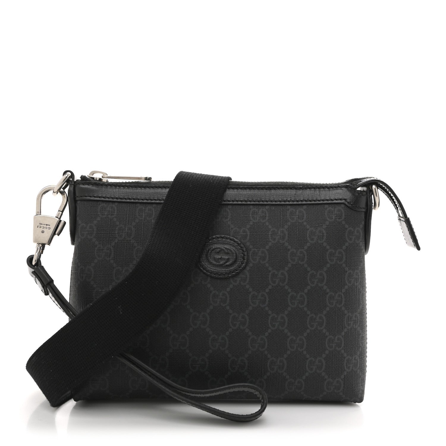 GG Supreme Monogram Azalea Calfskin Retro Interlocking G Wristlet Messenger Bag Black