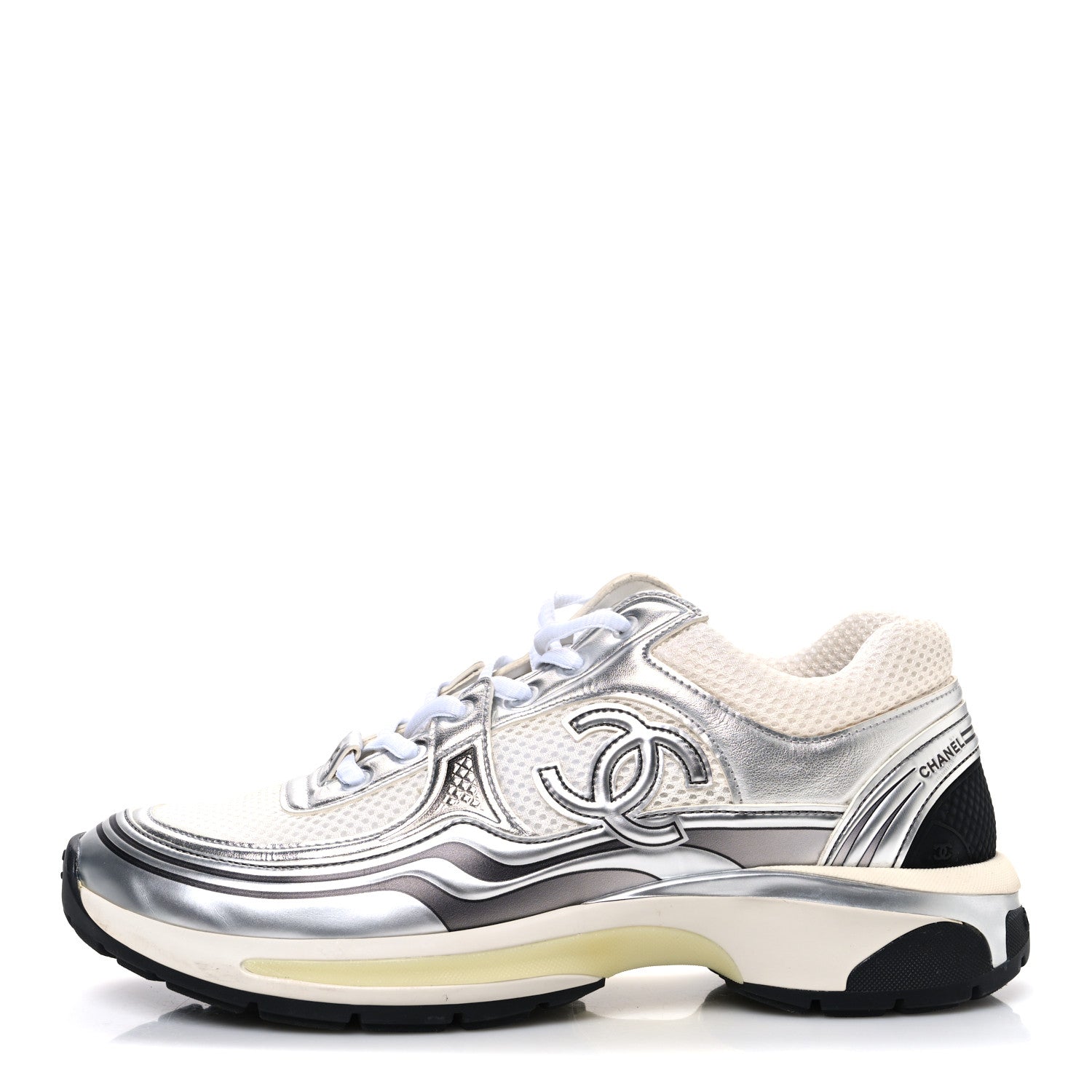 Fabric Laminated Calfskin Stretch CC Womens Sneakers 40 White Silver