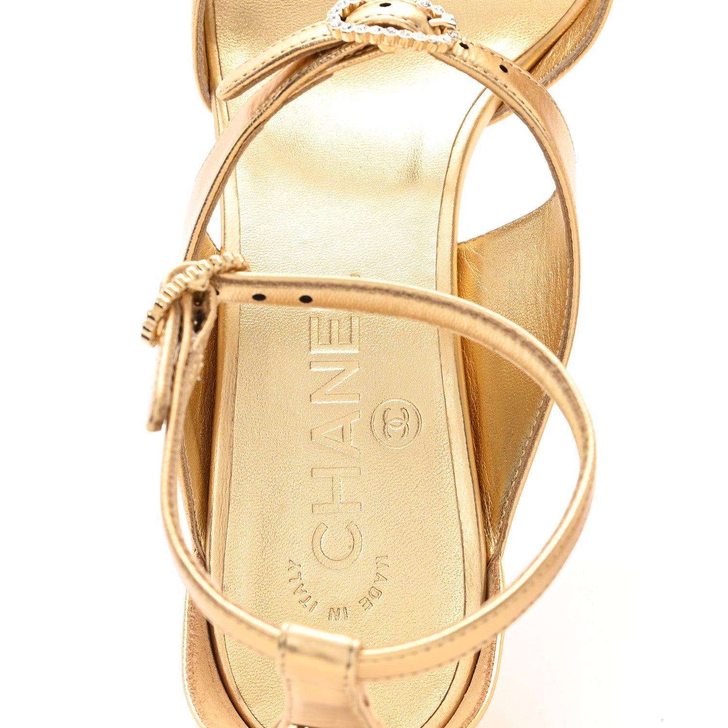 Metallic Lambskin Crystal CC Strappy Sandal 39 Gold
