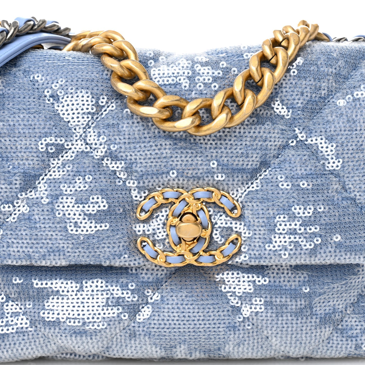 Sequin Quilted Medium Chanel 19 Flap Light Blue