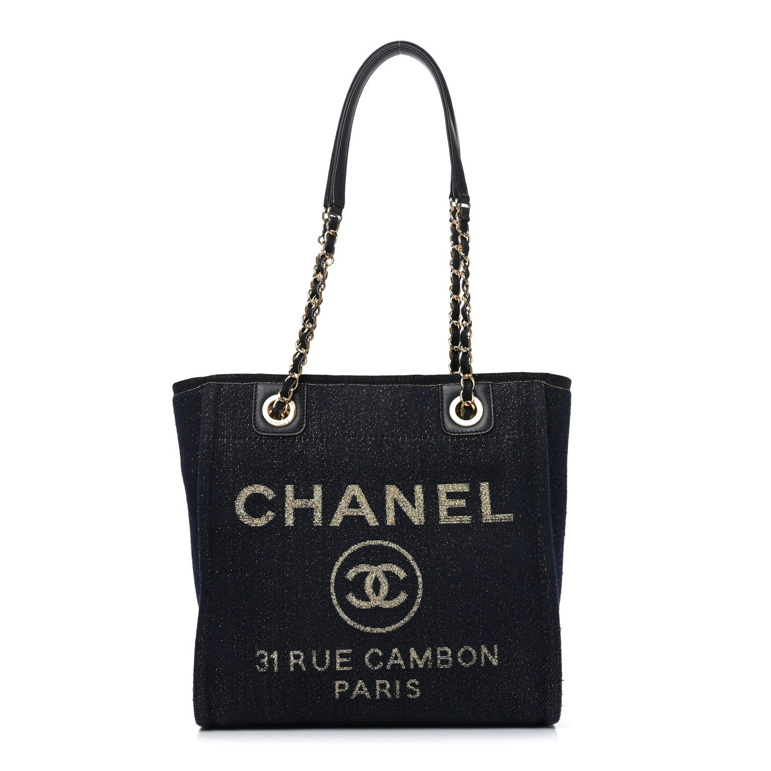 Lurex Canvas Mini Deauville Tote Navy Blue Gold