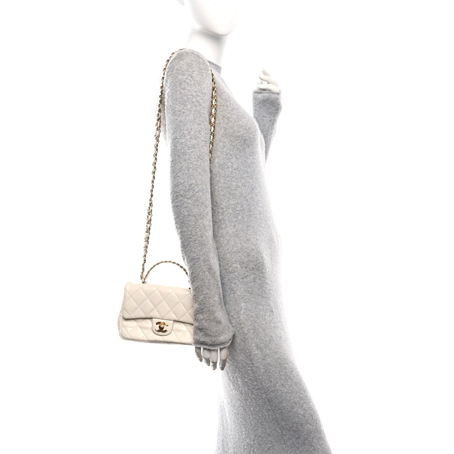 Shiny Lambskin Quilted Golden Links Top Handle Flap White