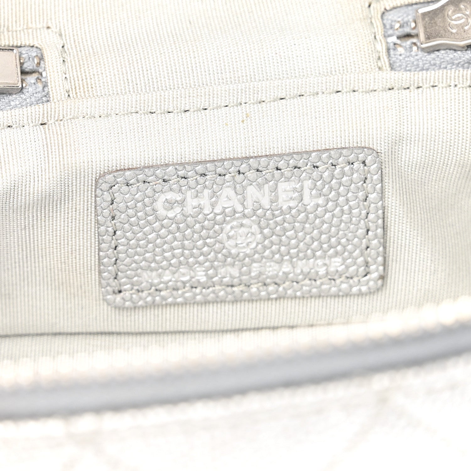 Metallic Caviar Quilted Mini Top Handle Vanity With Chain Silver