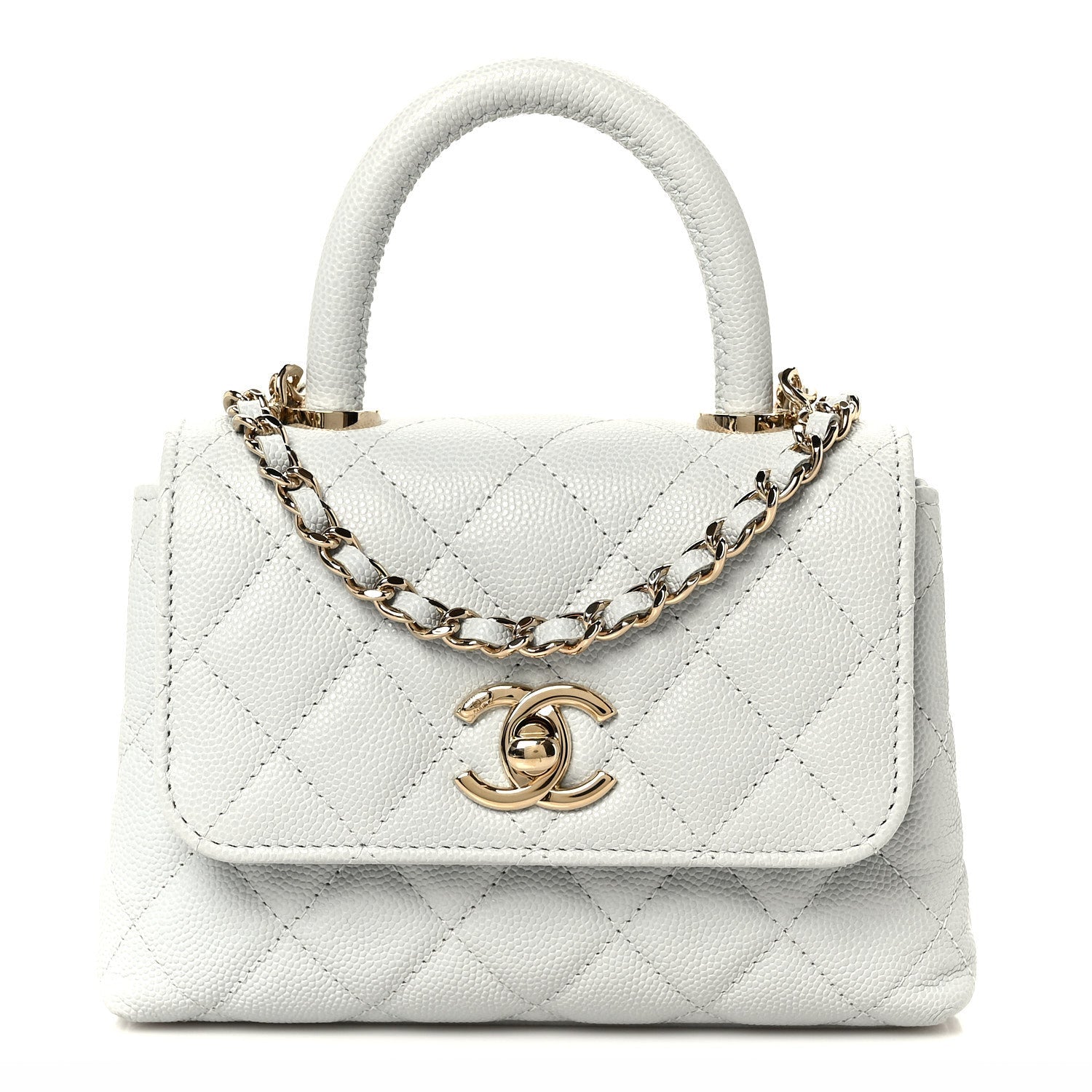 Caviar Lizard Embossed Quilted Coco Handle Clutch With Chain Light Blue
